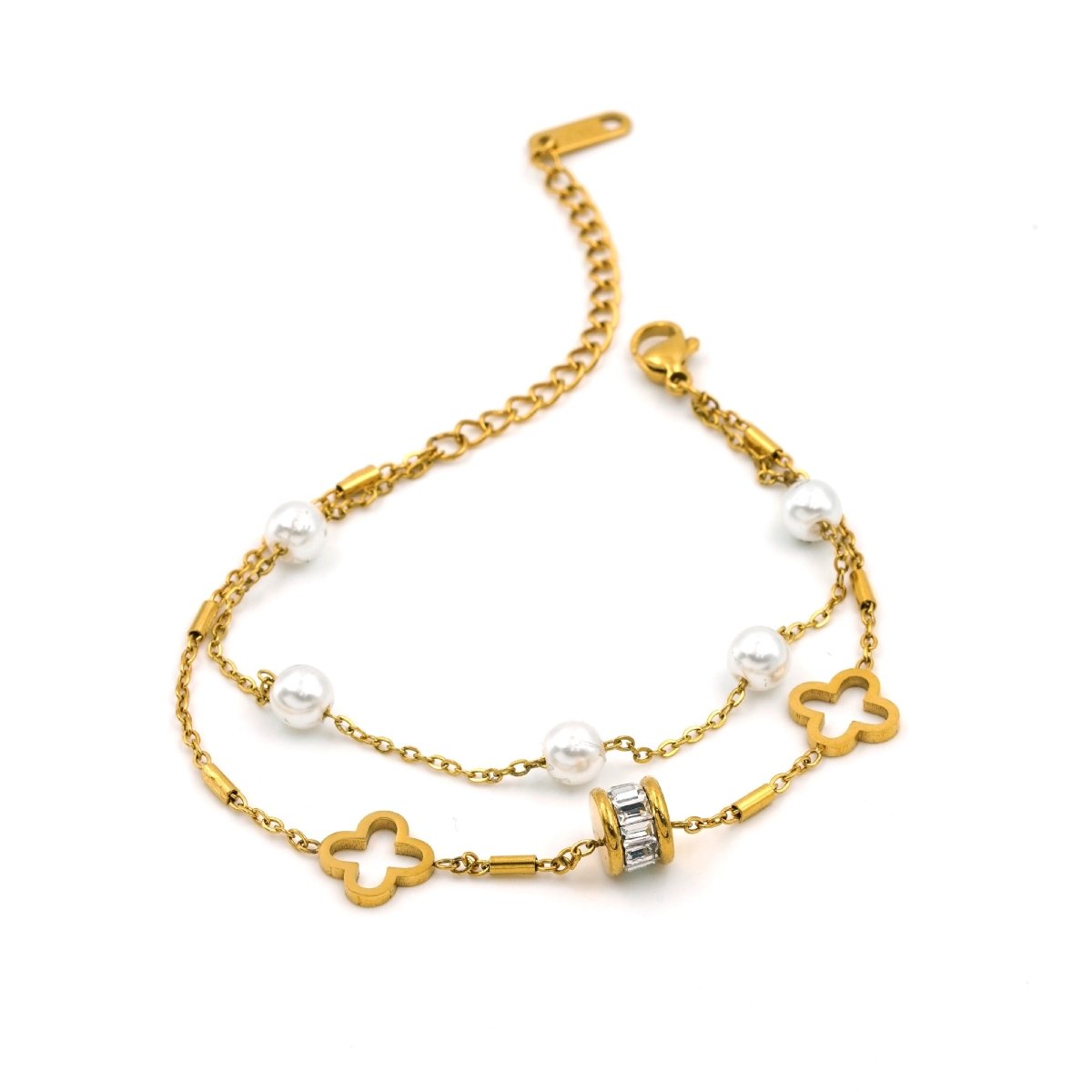 Artklim Gold Plated Clover And Pearl Charm Bracelet