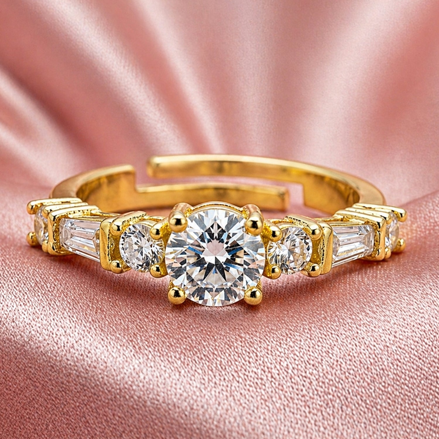 Artklim Classic Solitaire with Side Baguette Gold Anti-Tarnish Ring