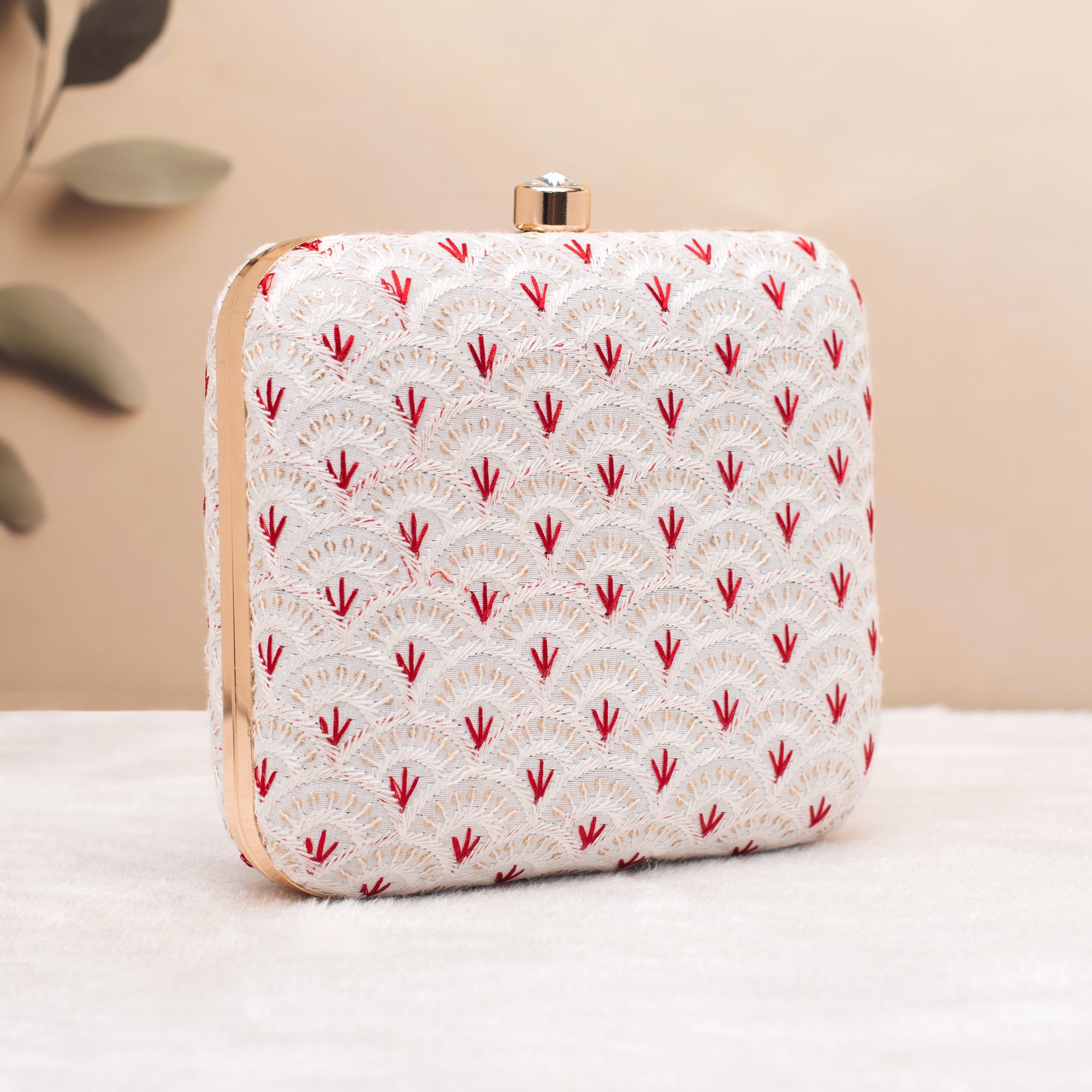 Artklim White with red–gold Bloom Embroidered Clutch