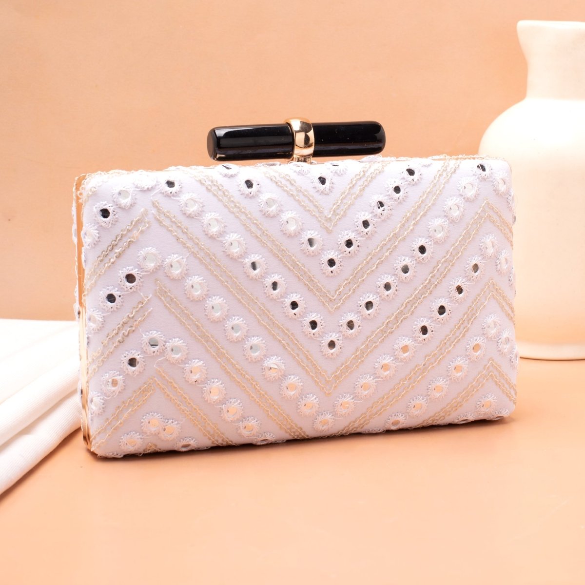 Artklim White Base Sequins Embroidery Clutch