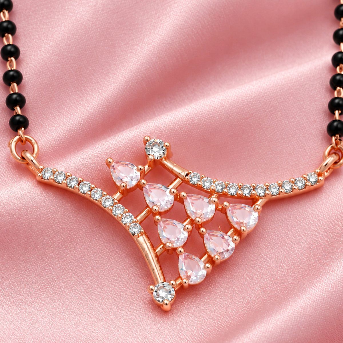Artklim Elegant Rose Gold-Plated Geometric Pendant Mangalsutra with Black Beads for Women