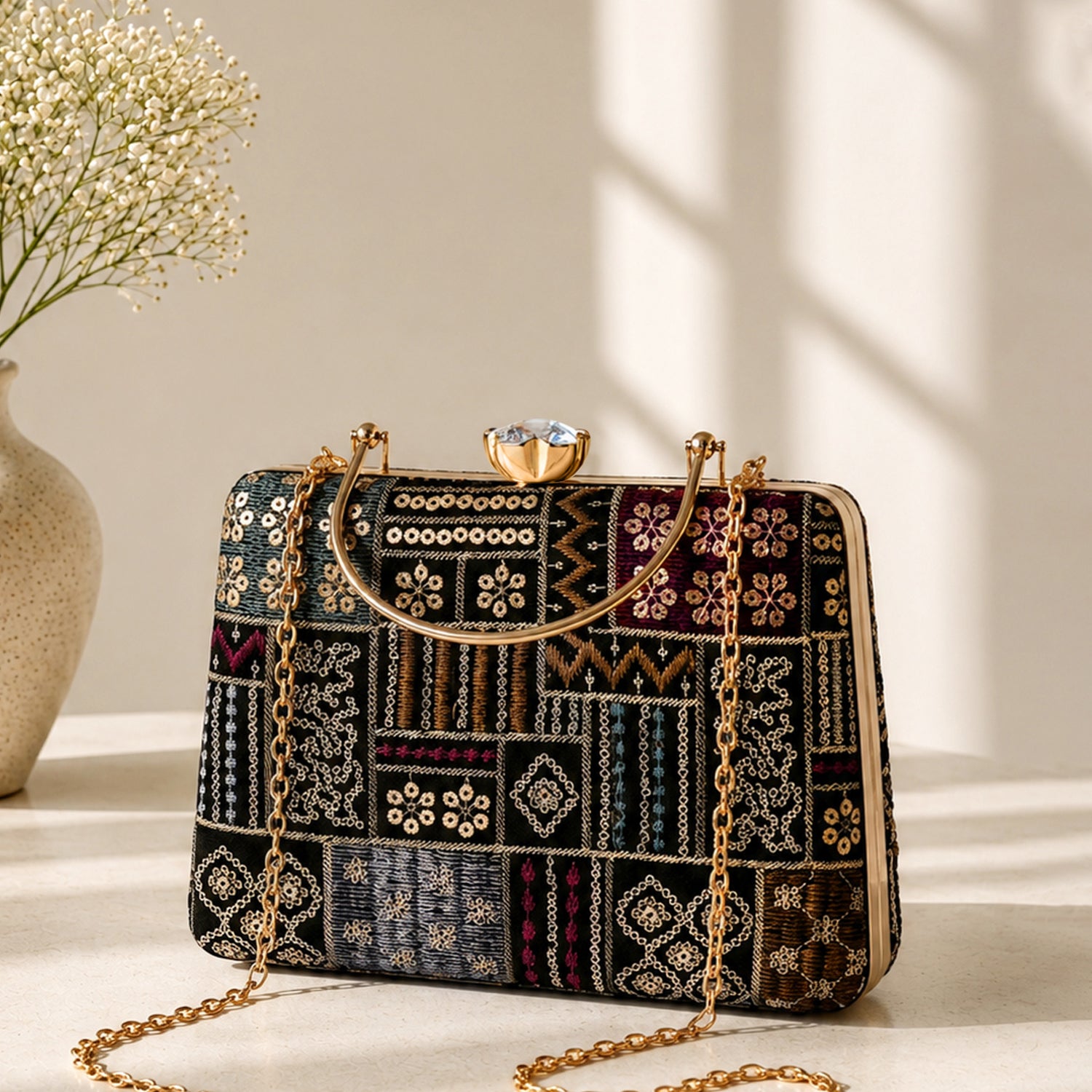 Artklim Black Vintage Patchwork Designer Embroidery Clutch