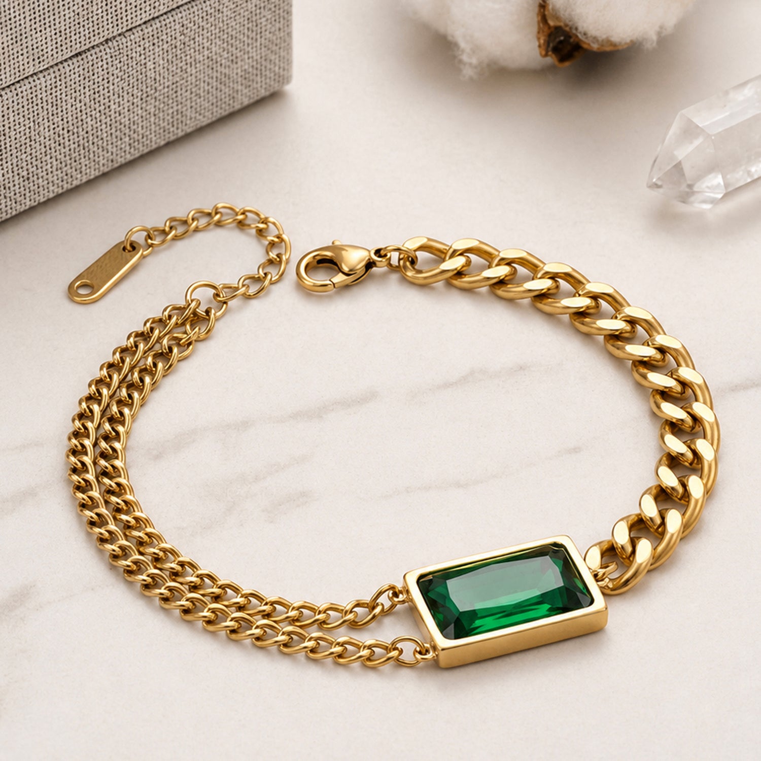 Artklim Gold Plated Green Emerald Stone Chain Anti-Tarnish Bracelet