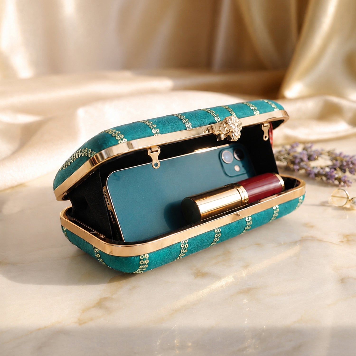 Artklim Elegant Teal Green Embellished Embroidered Clutch Bag