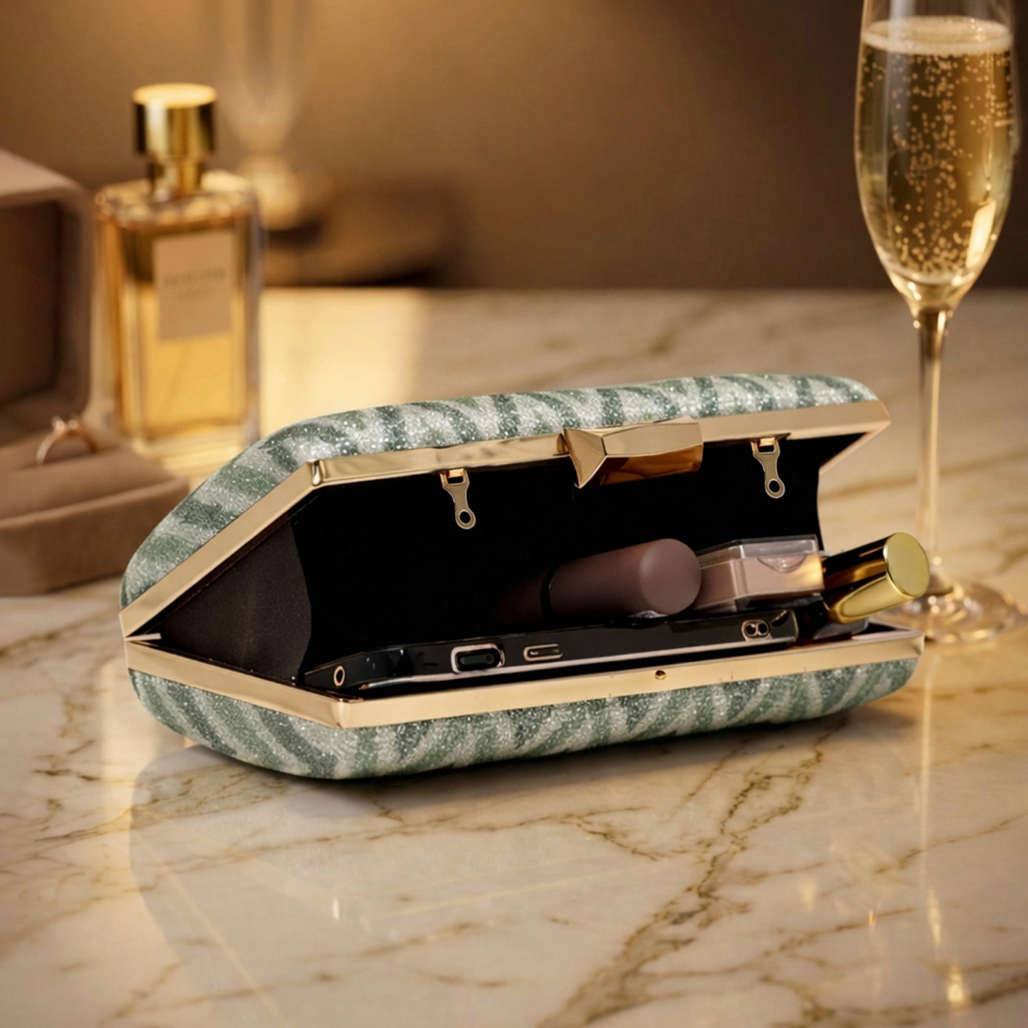 Artklim Elegant Dusty Green & Silver Zigzag Shimmer Clutch