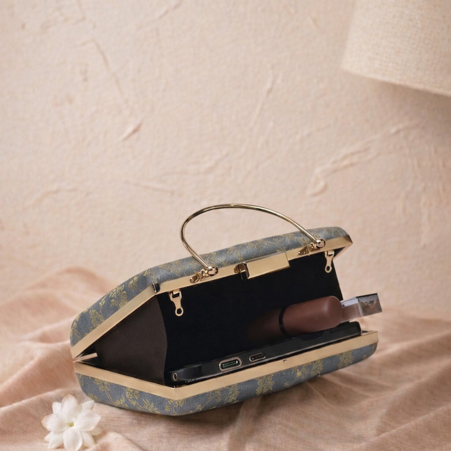 Artklim Soft Grey & Gold Floral Classic Embroidery clutch