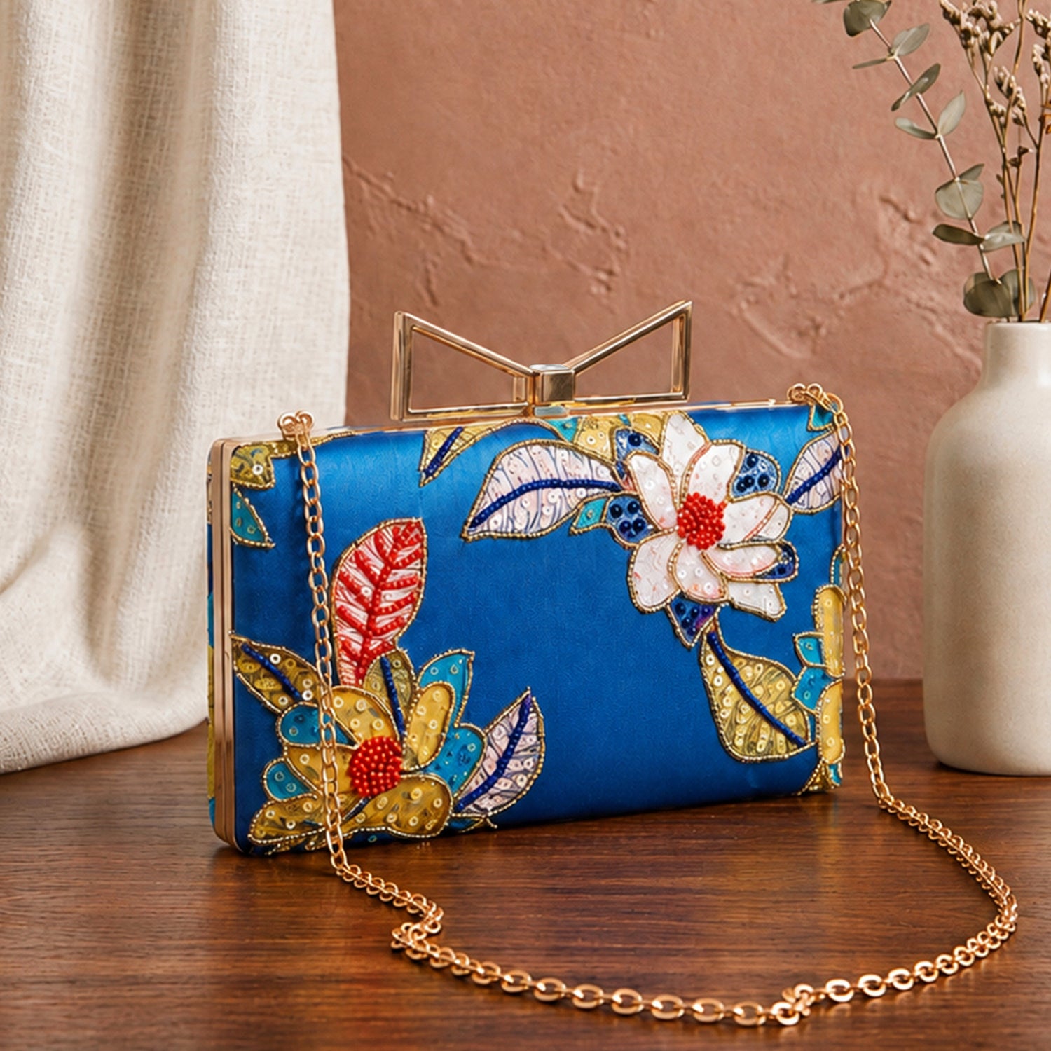 Artklim Printed Royal Blue Multicolor Floral Designer Clutch with Hand Embroidery