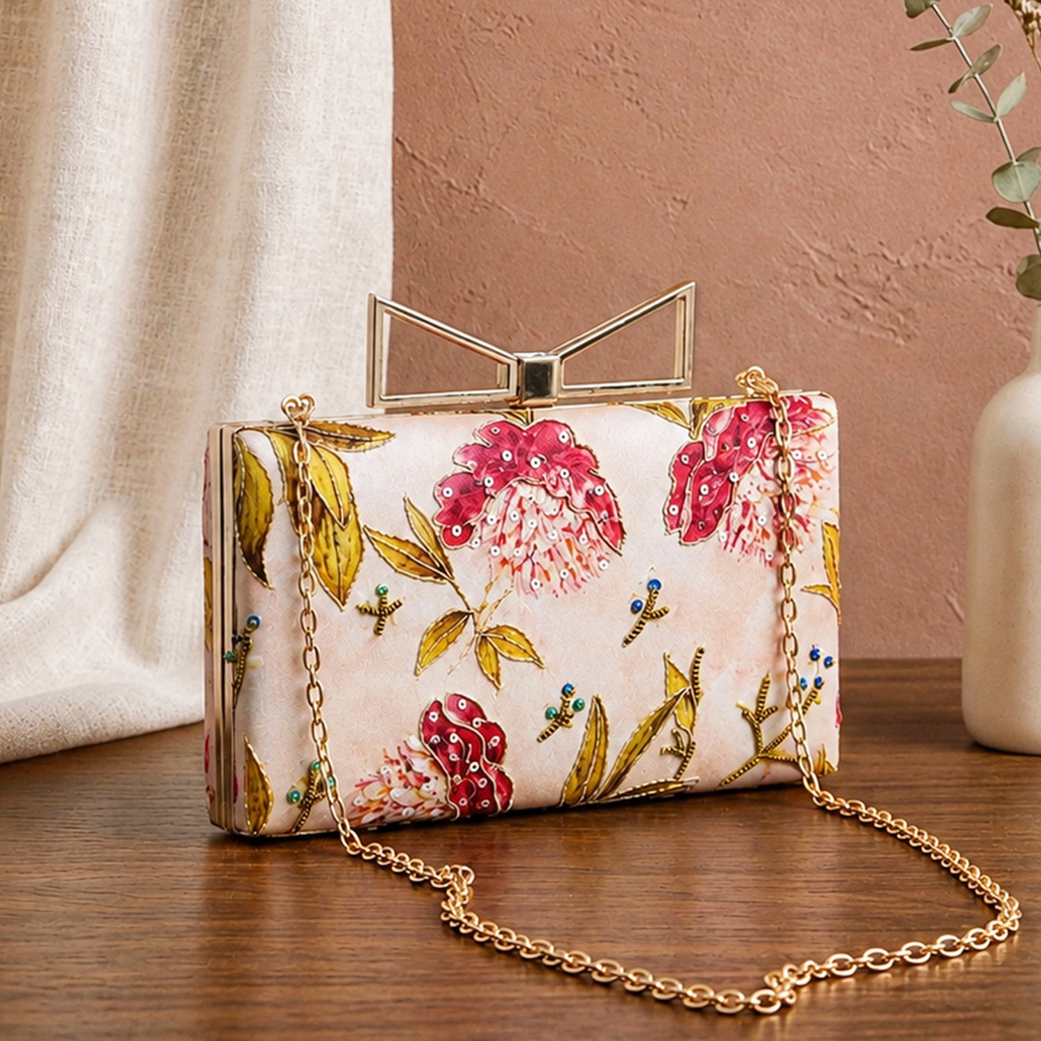 Artklim Printed Blush Pink Floral Designer Clutch with Hand Embroidery