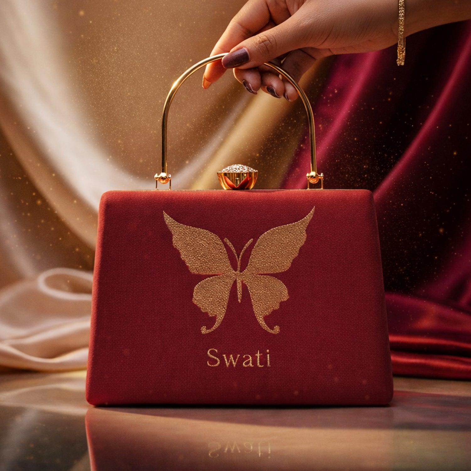Artklim Butterfly Embroidery Name Customized Clutch