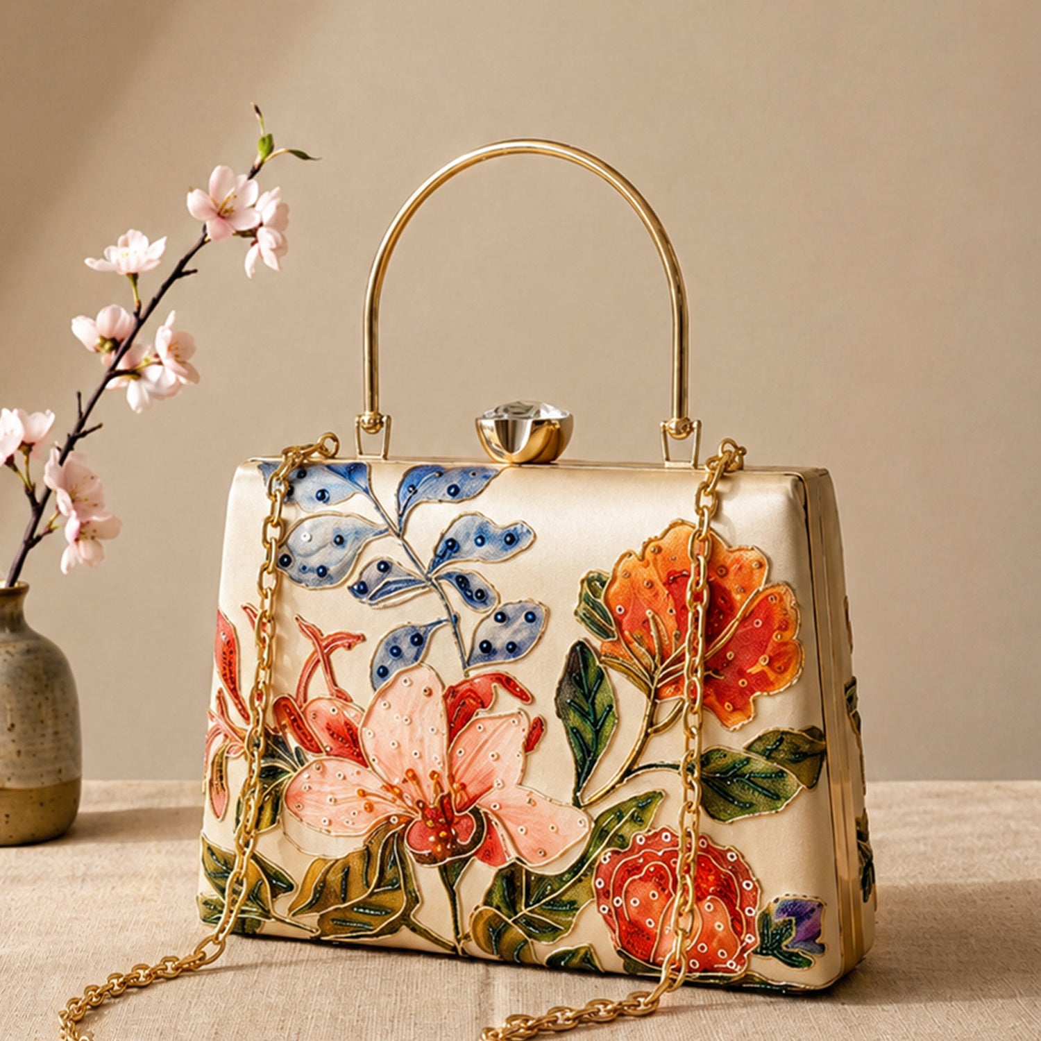 Artklim Printed Luxury Floral Art Clutch with Hand Embroidery