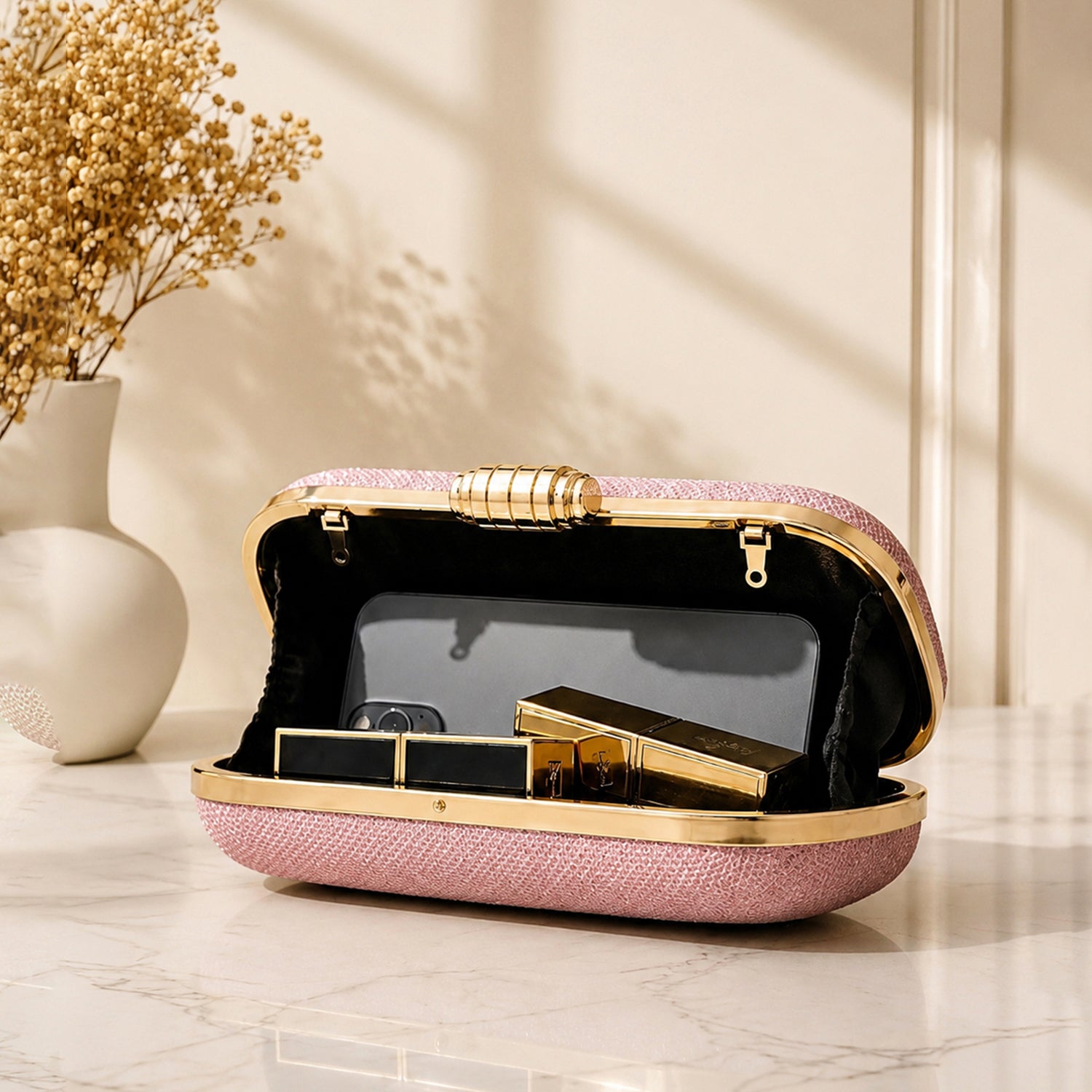 Artklim Baby Pink Textured Pearl Handle Embroidery Clutch
