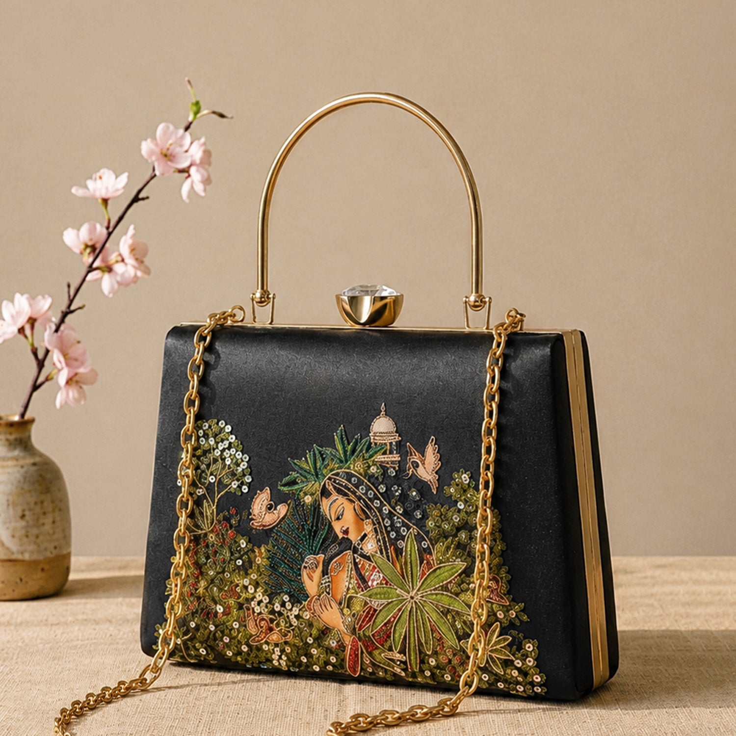 Artklim Printed Enchanted Garden Lady Clutch with Hand Embroidery