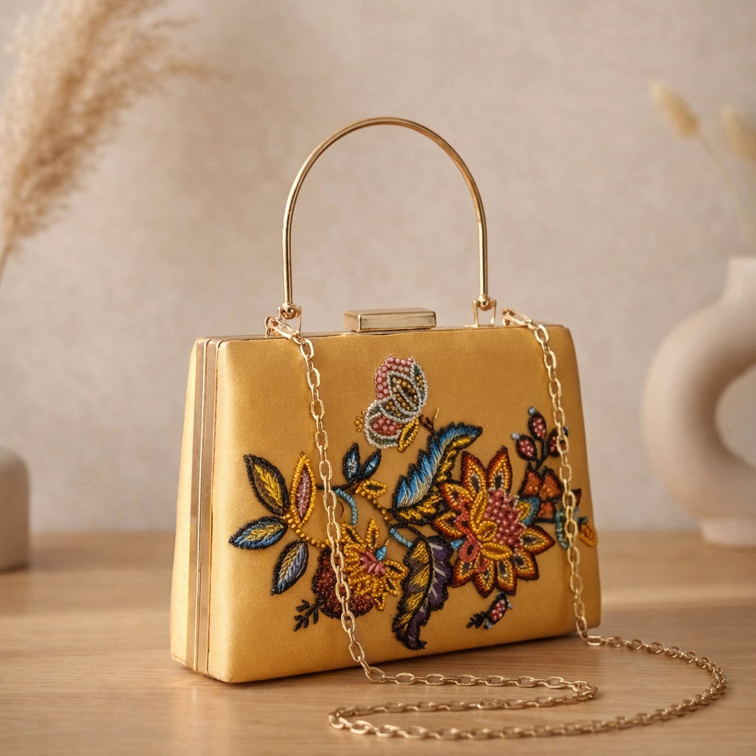 Artklim Printed Yellow Multicolor Floral Clutch with Hand Embroidery