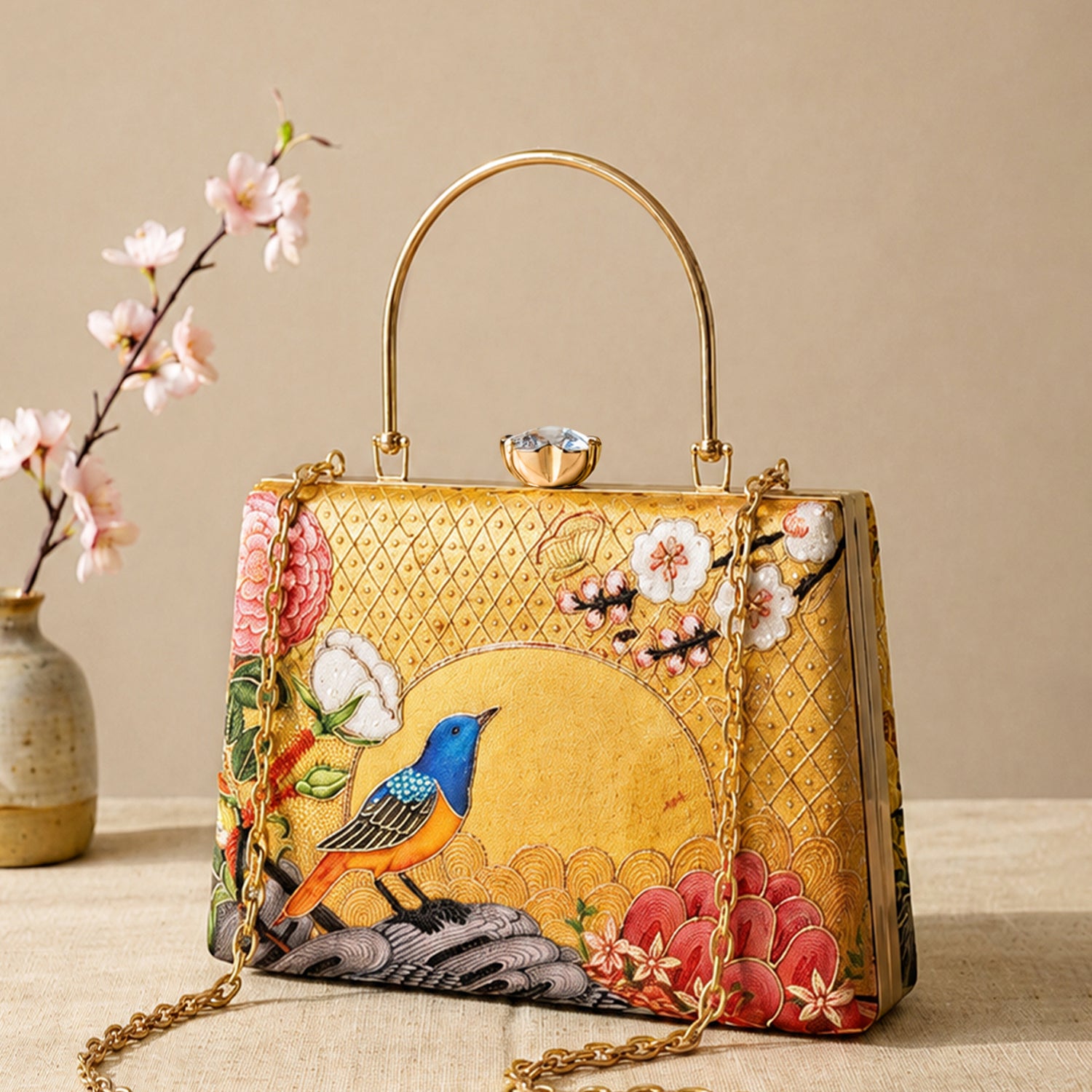 Artklim Printed Golden Songbird Garden Clutch with Hand Embroidery