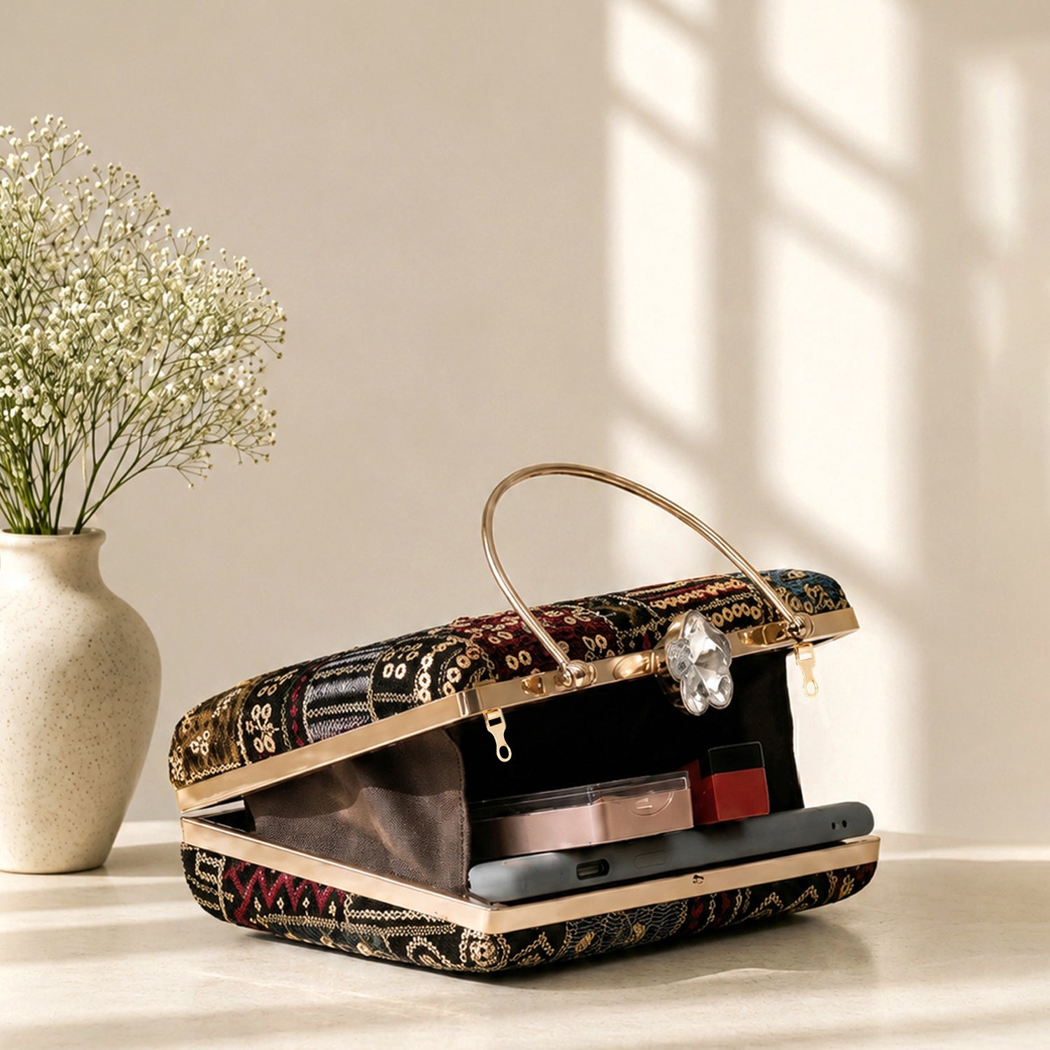 Artklim Black Vintage Patchwork Designer Embroidery Clutch