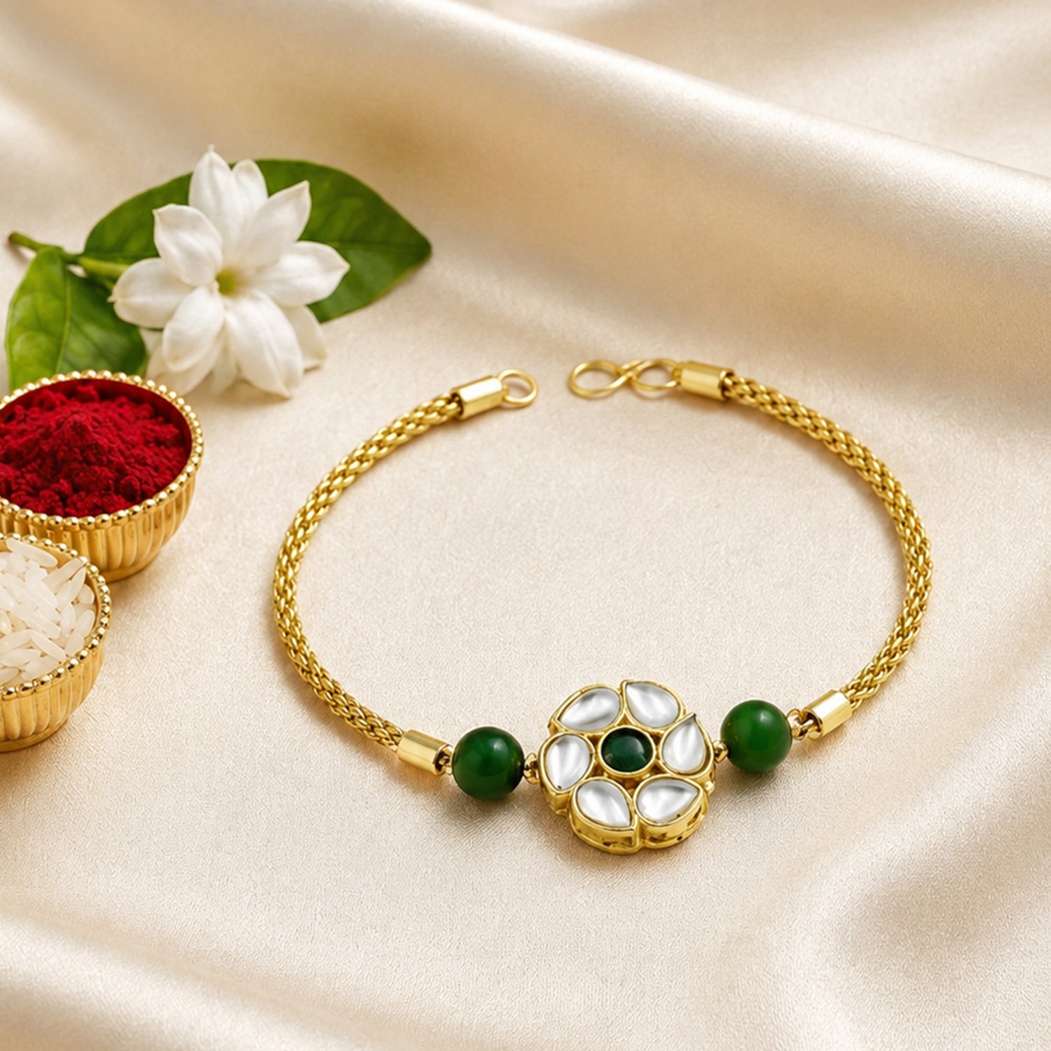 Artklim Green Kundan Floral Bhaiya Bhabhi Rakhi Set