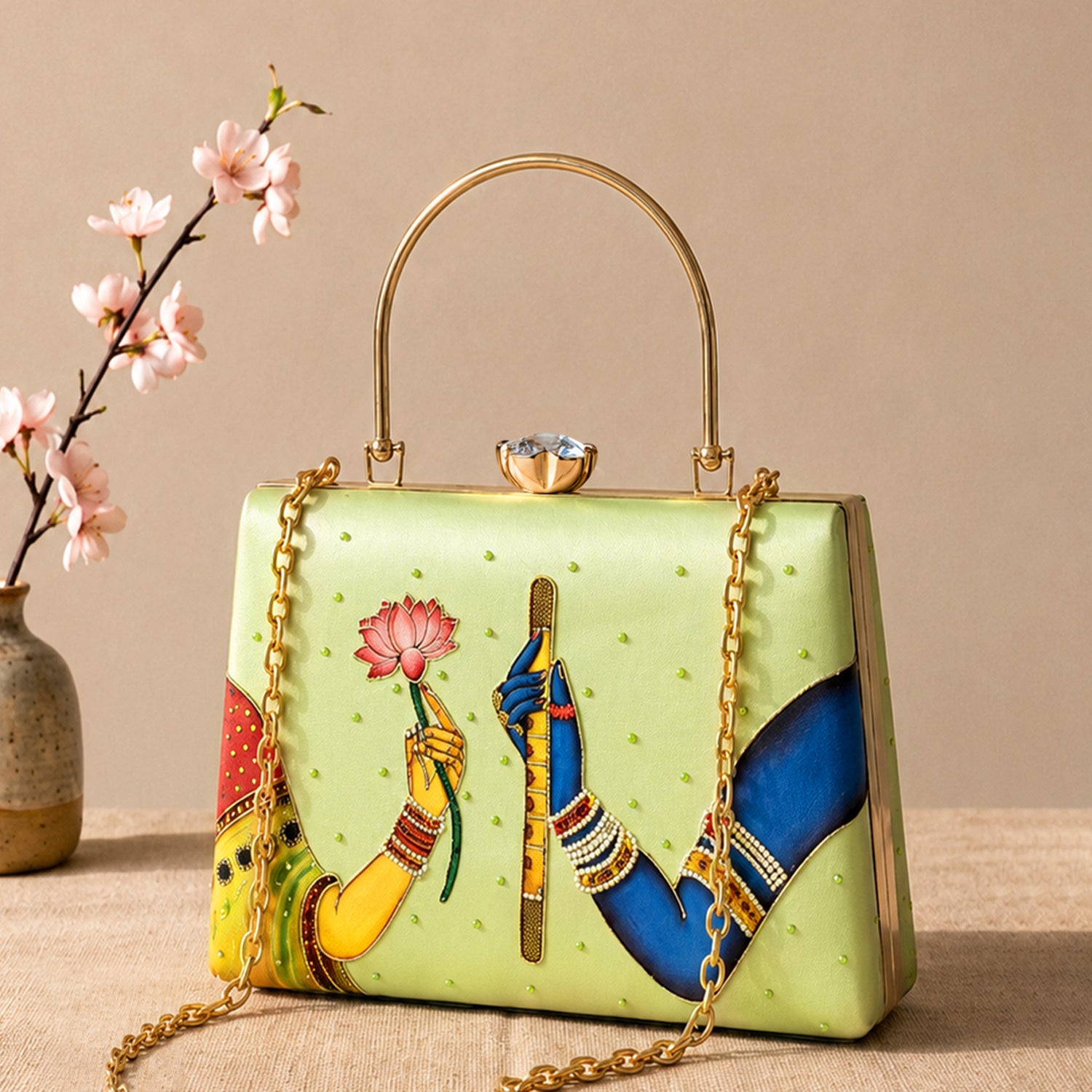 Artklim Printed Divine Harmony Radha Krishna Clutch with Hand Embroidery