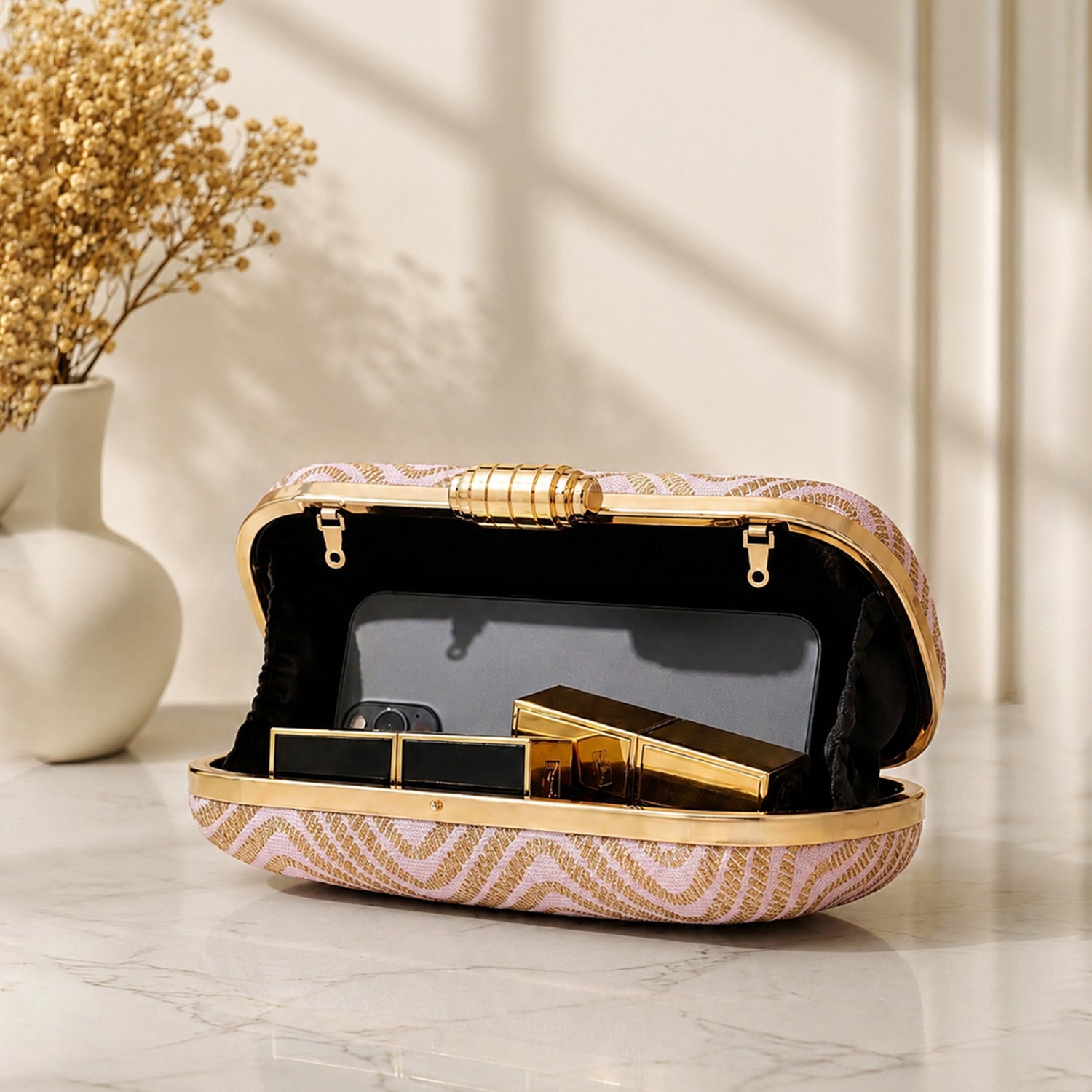 Artklim Blush Pink Zigzag Sequin Designer Embroidery Clutch