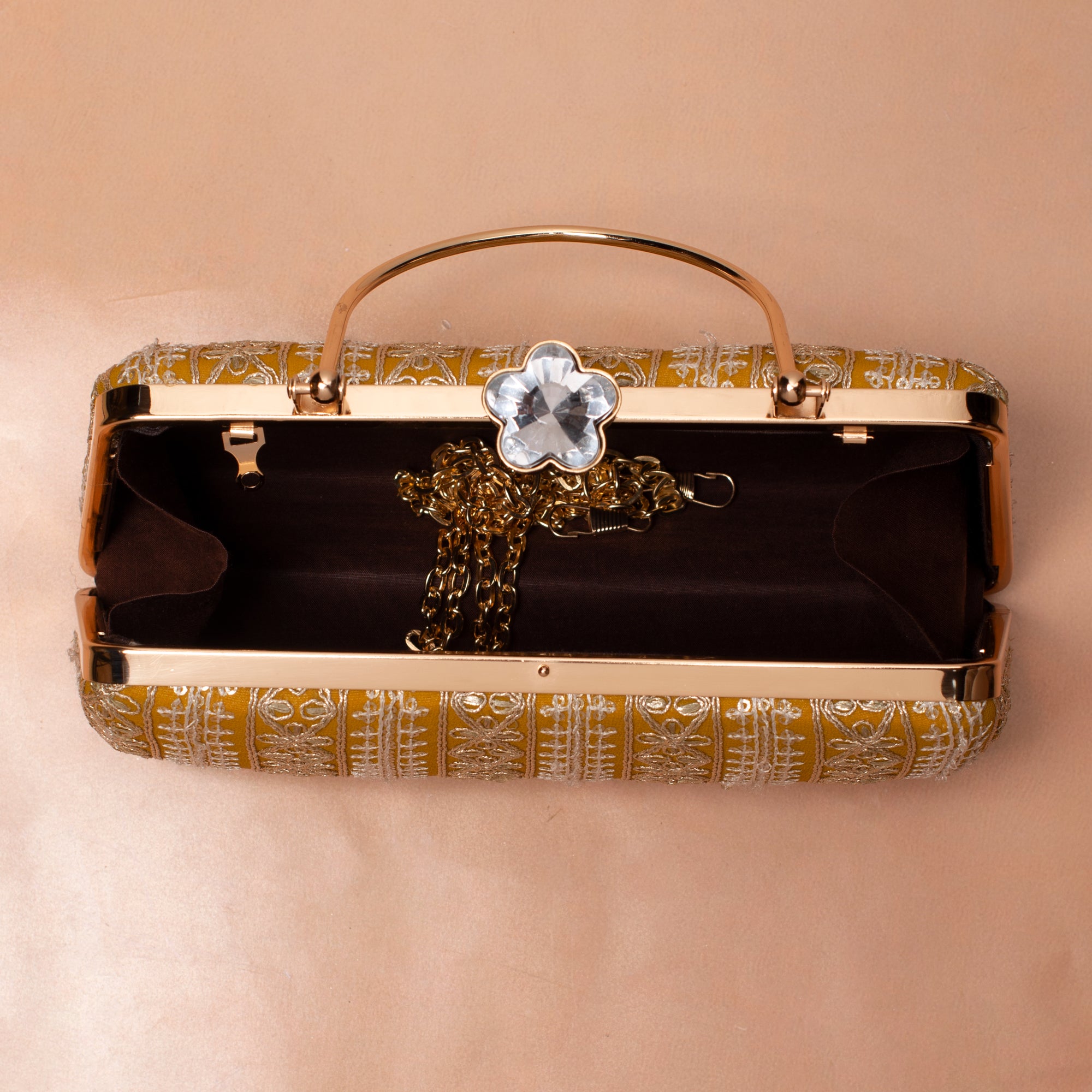 Artklim Mustard Yellow Based White And Golden Threadwork Embroidery Clutch