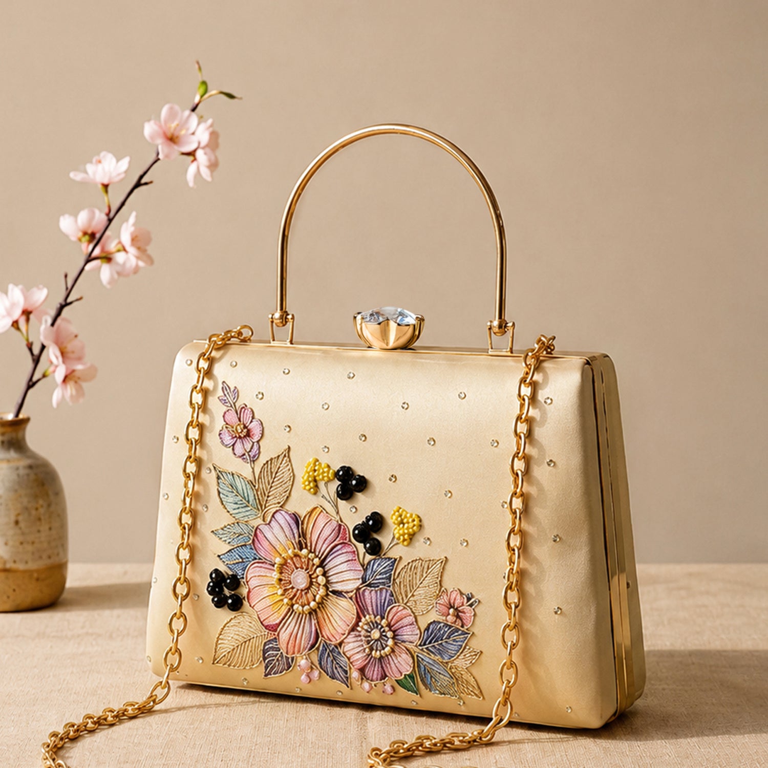 Artklim Printed Elegant Floral Pearl Embellished Clutch with Hand Embroidery