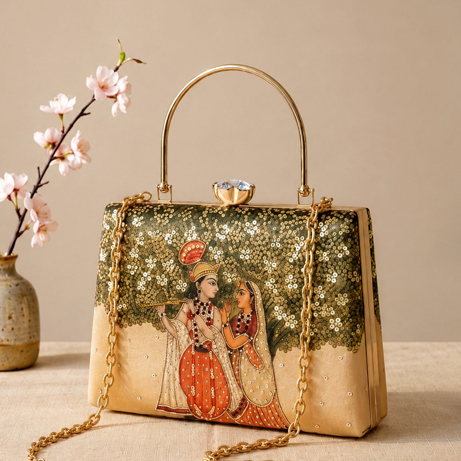 Artklim Printed Radha Krishna Divine Art Clutch with Hand Embroidery