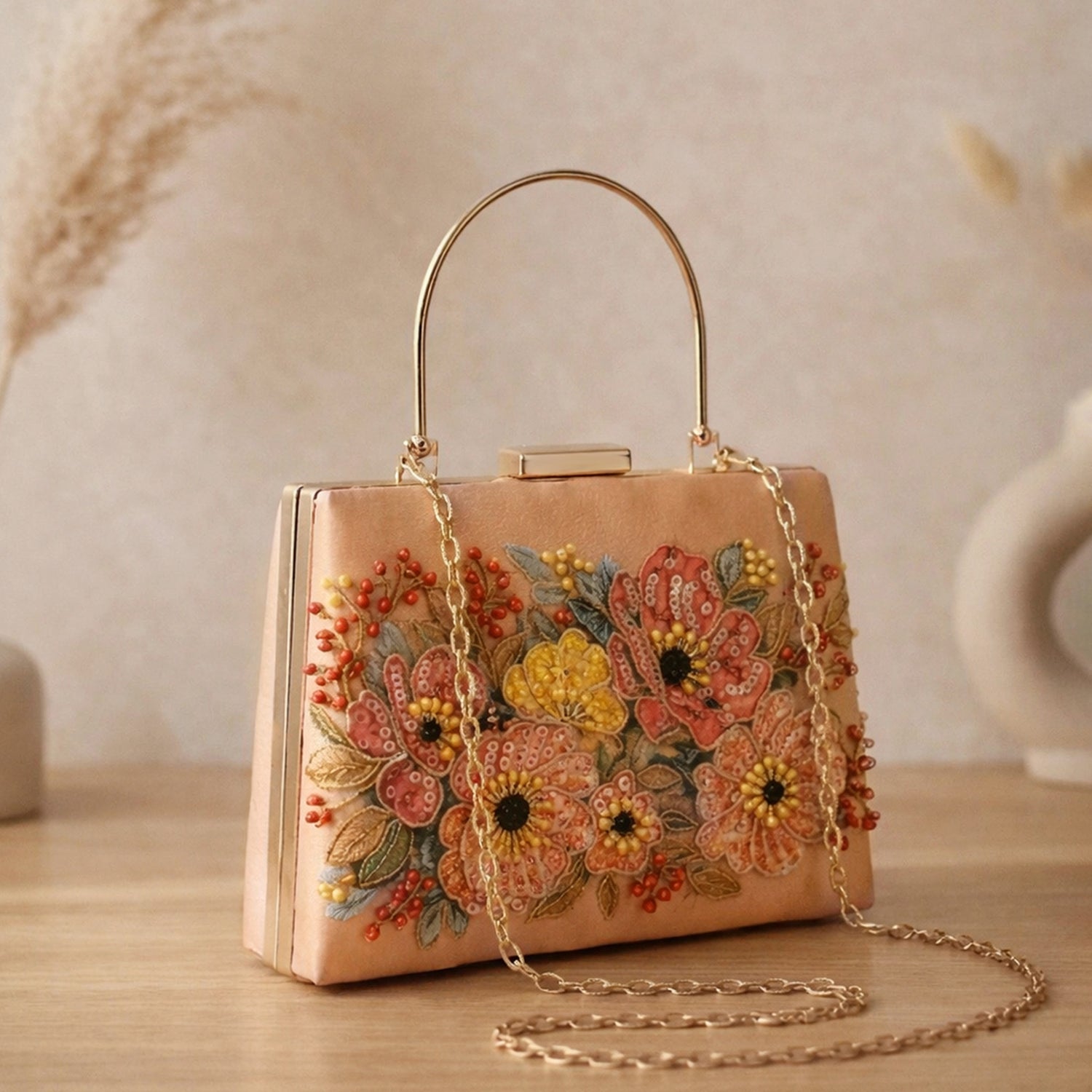 Artklim Printed Champagne Floral Beaded Clutch with Hand Embroidery