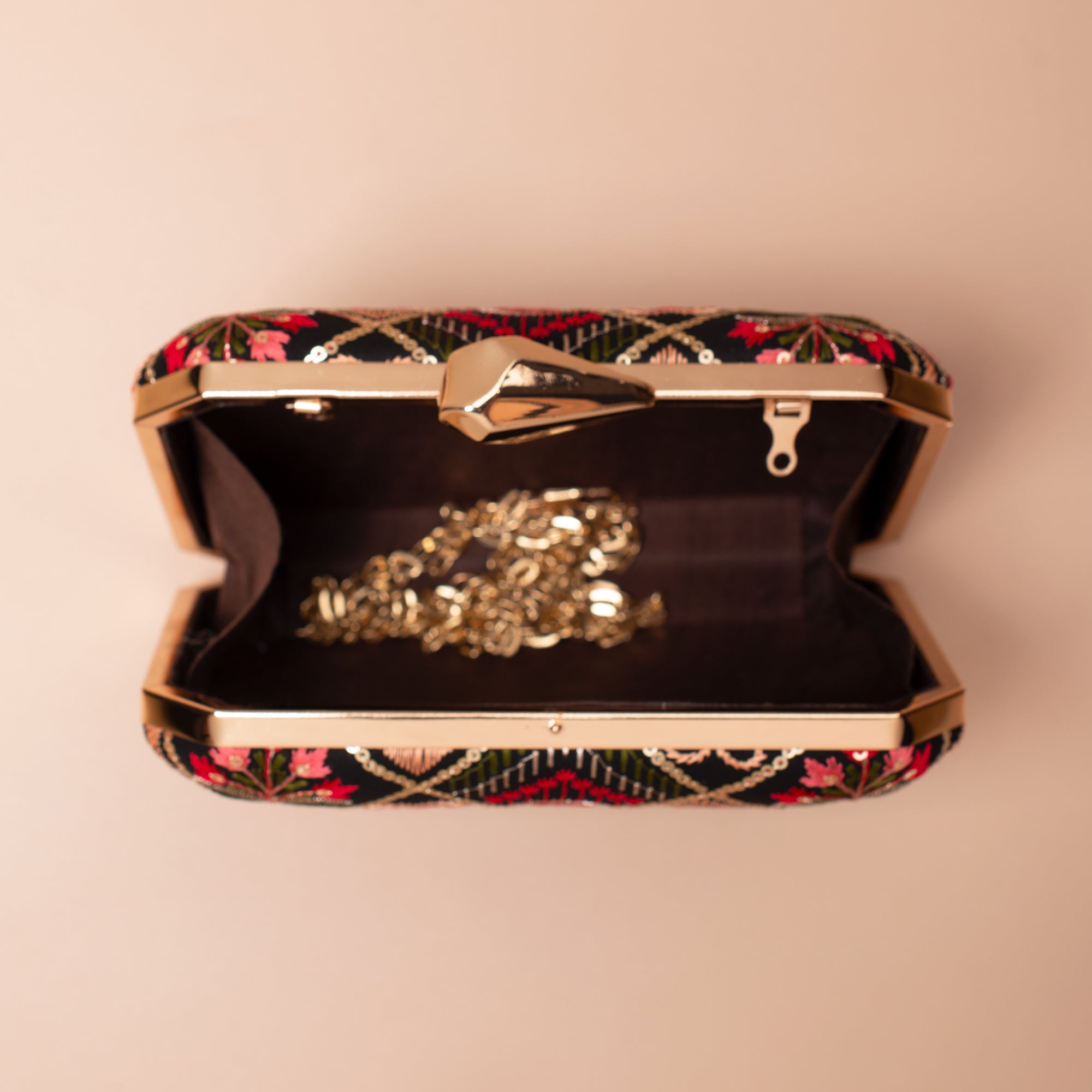 Artklim Black Red Floral Threadwork Embroidery Clutch