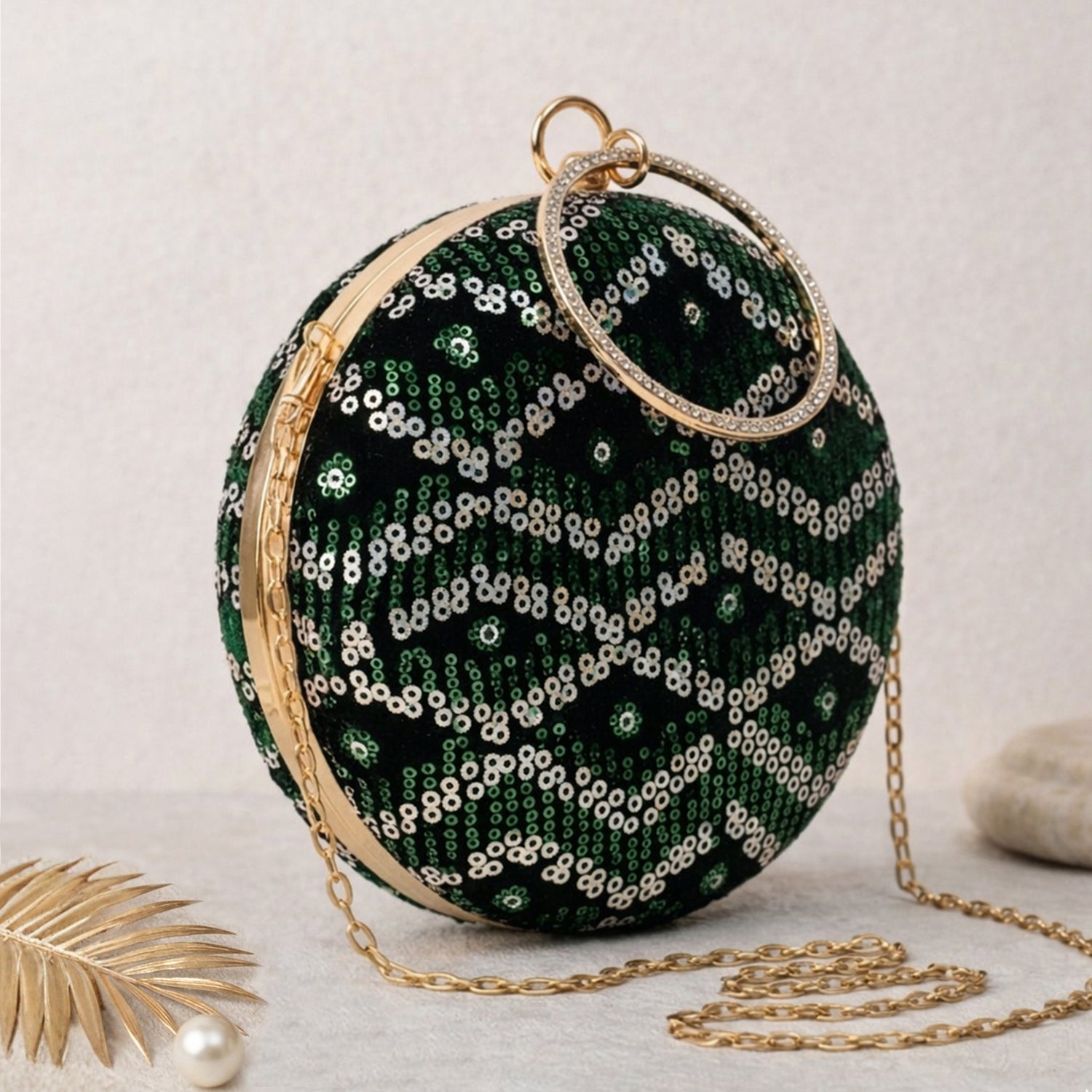 Artklim Luxurious Green & Silver Sequin Embroidery Clutch