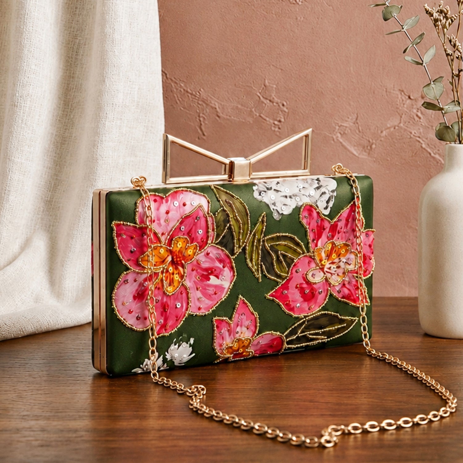 Artklim Printed Olive Green Pink Floral Designer Clutch with Hand Embroidery