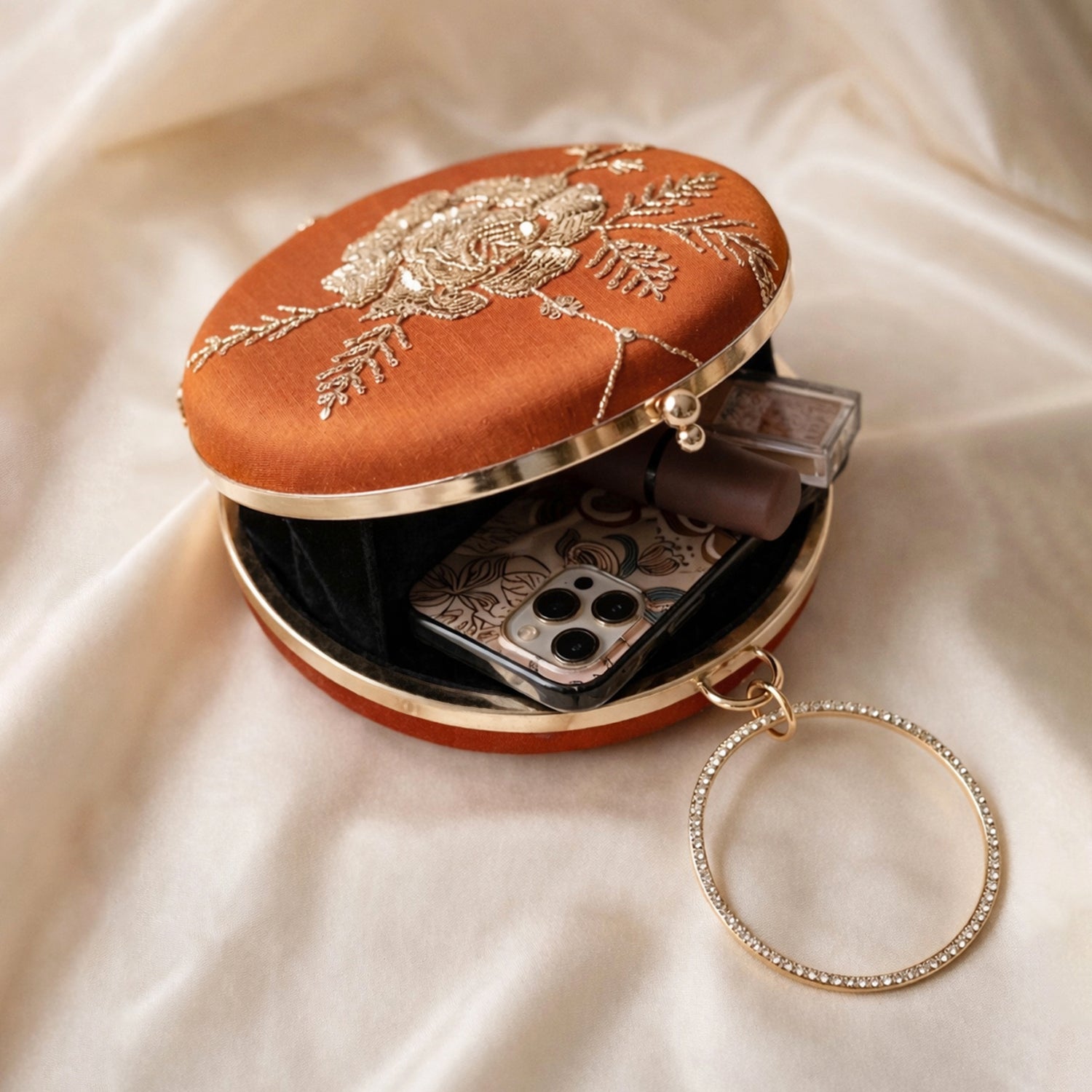 Artklim Burnt Orange Floral Embroidered Round Clutch