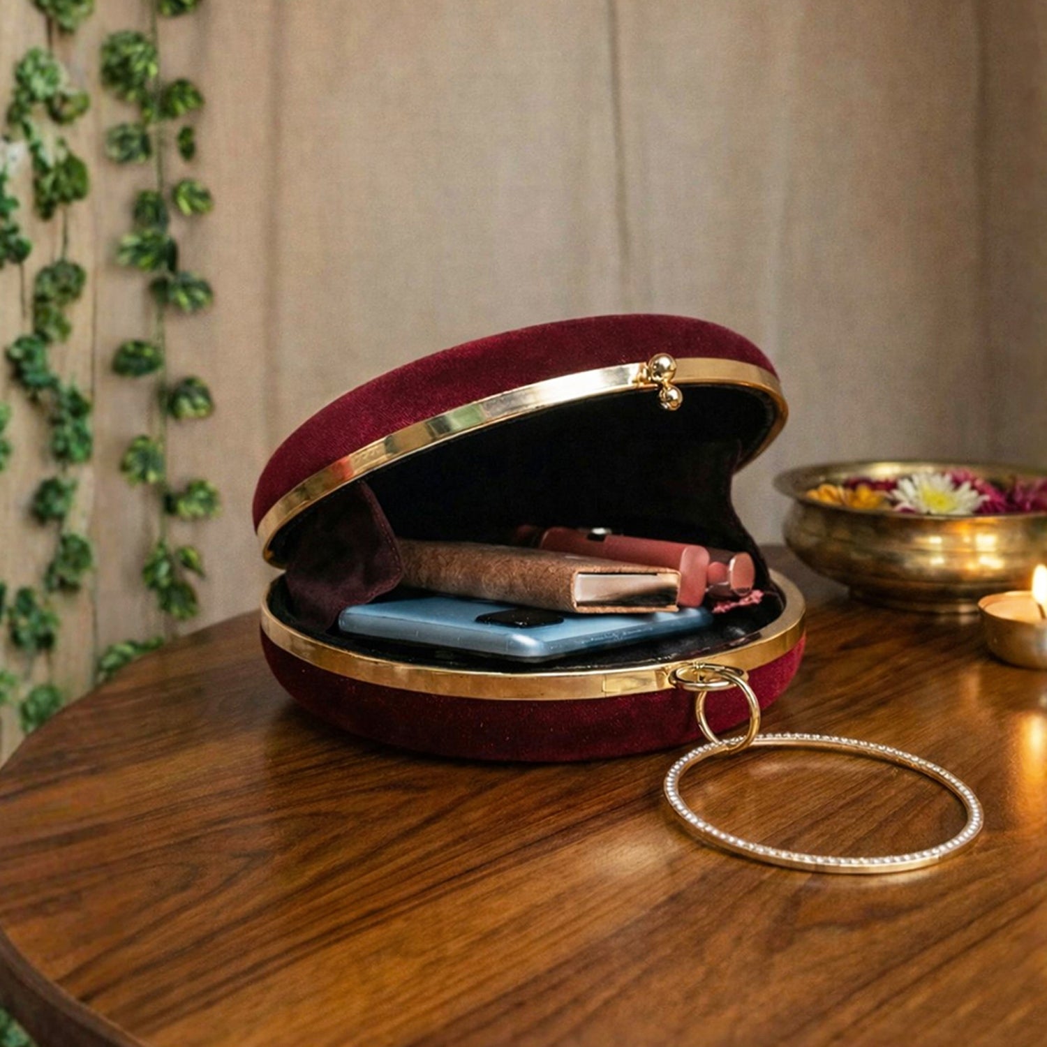 Artklim Elegant Floral Pearl Handcrafted Embroidered Round Clutch