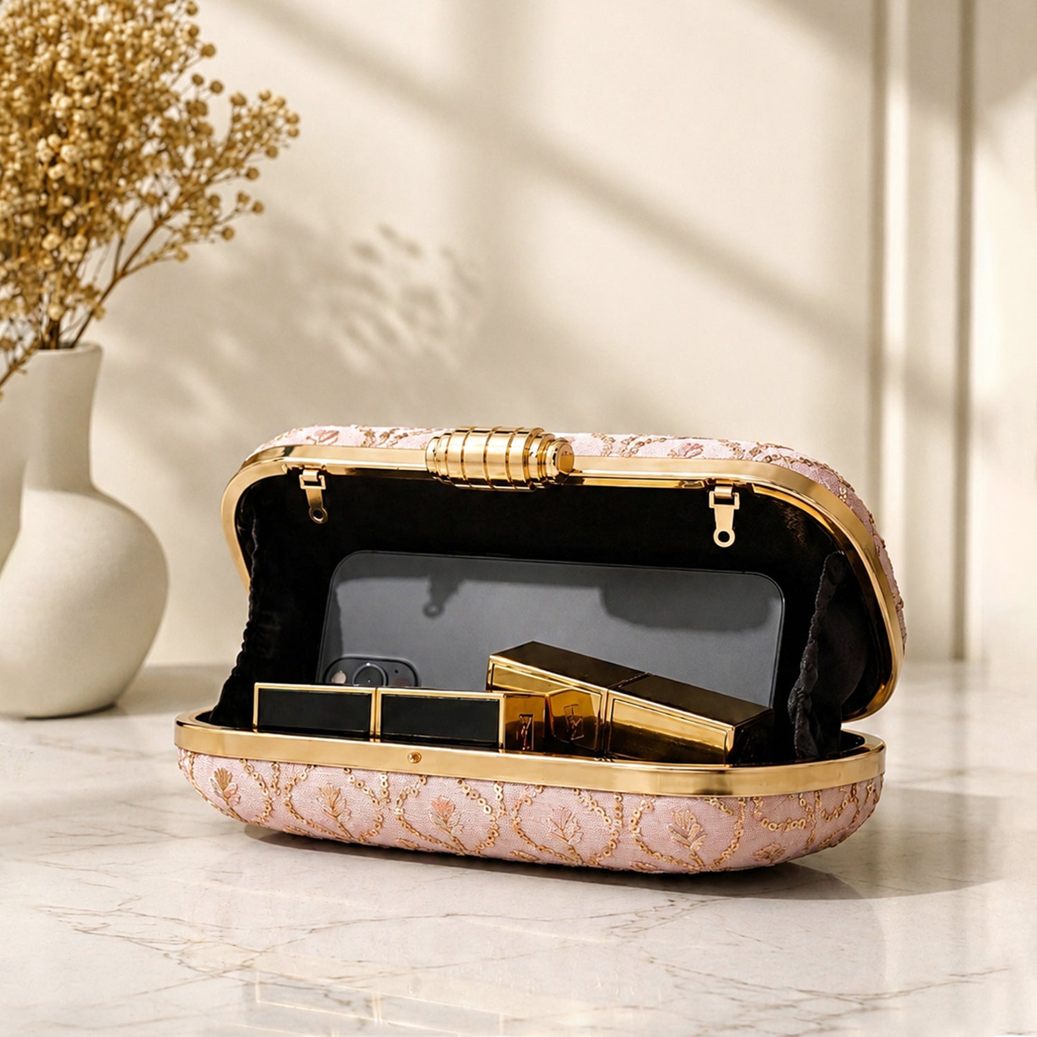 Artklim Pink Pearl Handle Floral Pattern Party Wear Embroidery Clutch