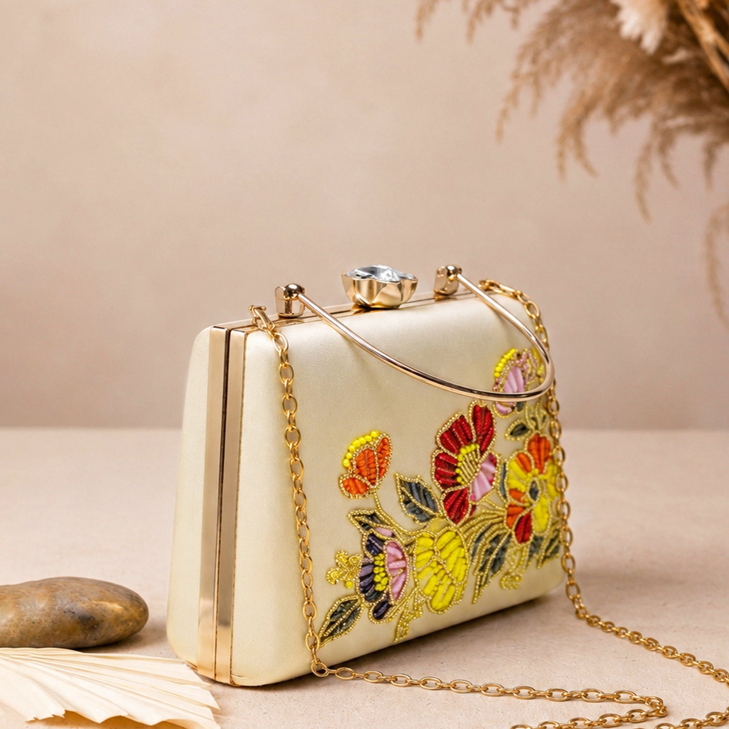 Artklim Floral Symphony Pearl Embroidered Clutch