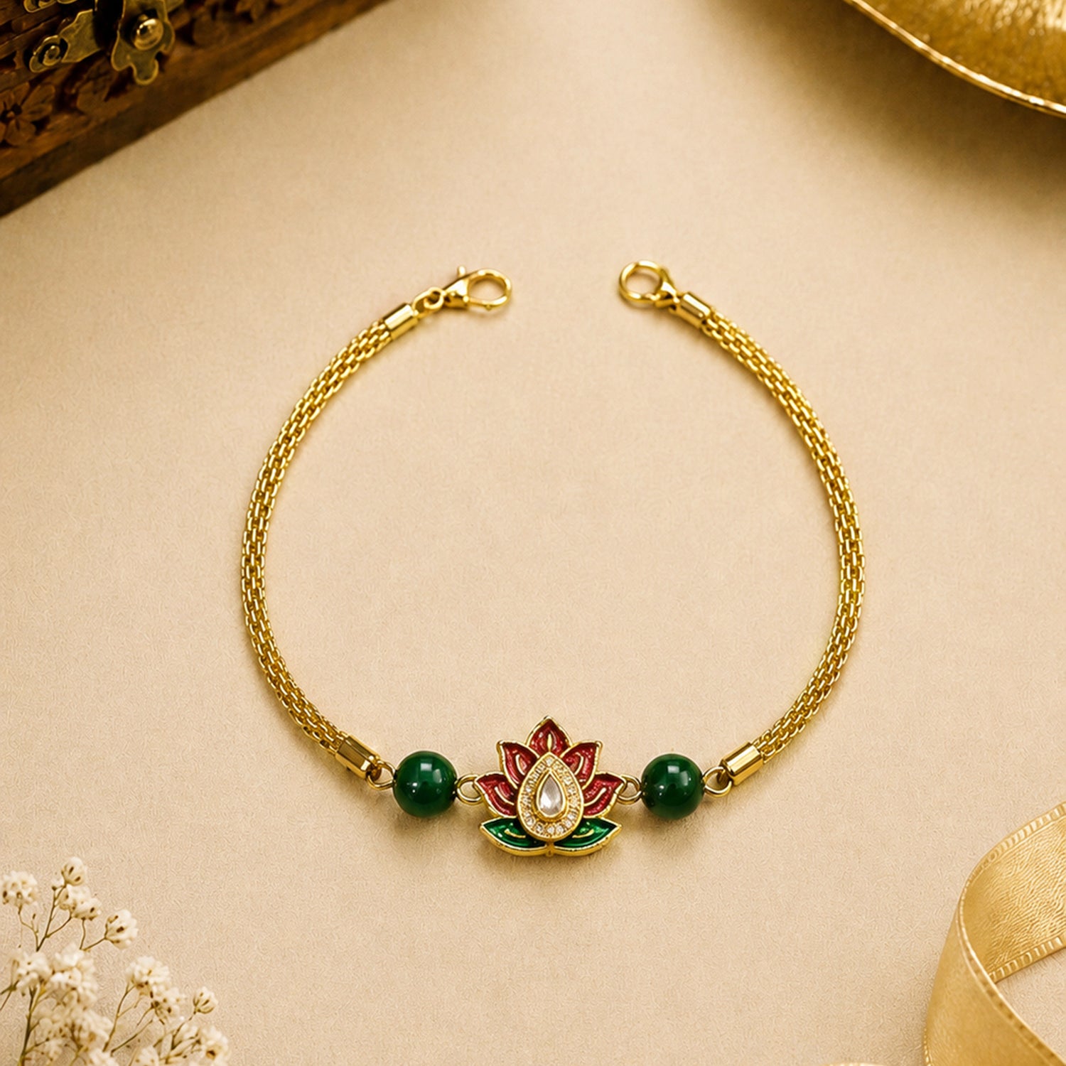 Artklim Lotus Designer Bhaiya Bhabhi Rakhi Set with Green Beads