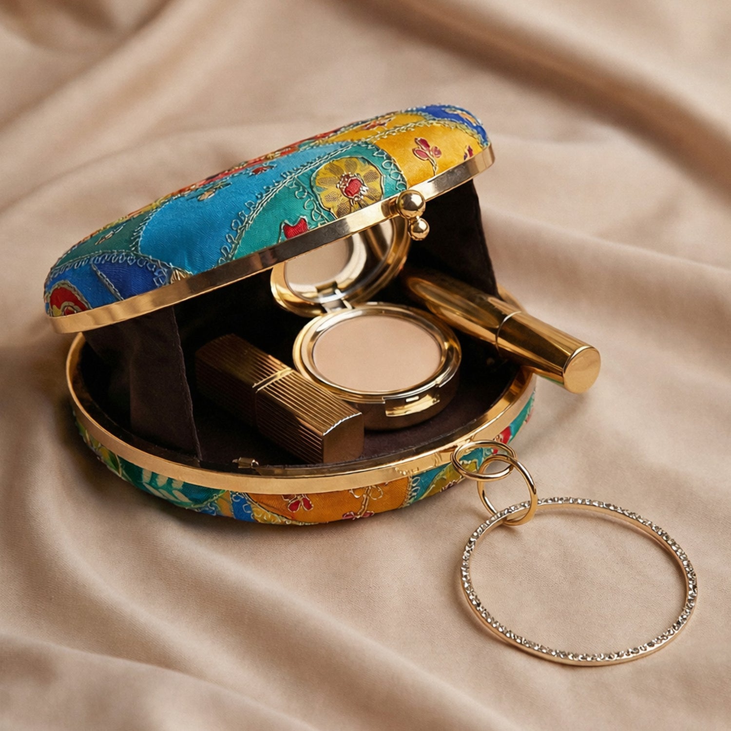 Artklim Turquoise Blue Round Embroidered Clutch