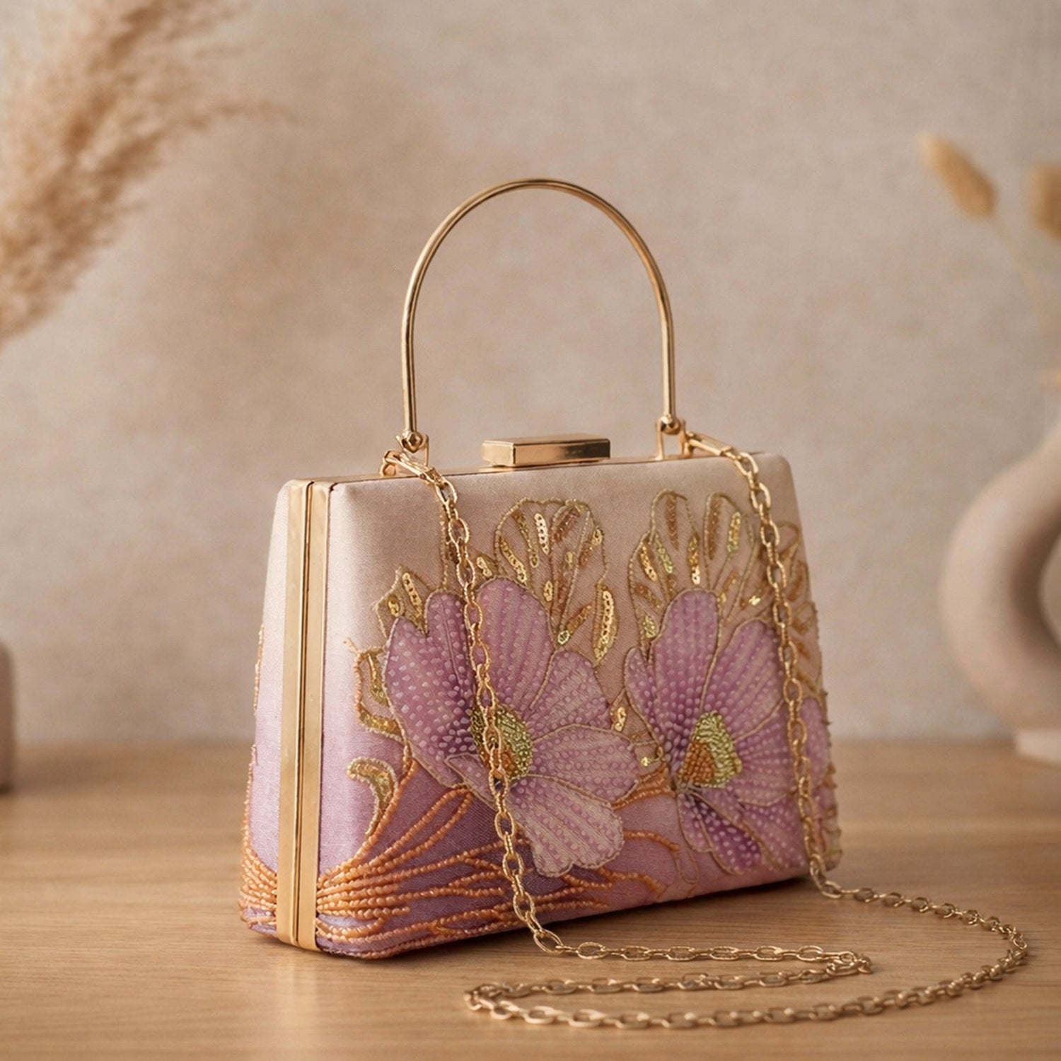 Artklim Printed Blush Pink Floral Beaded Clutch with Hand Embroidery