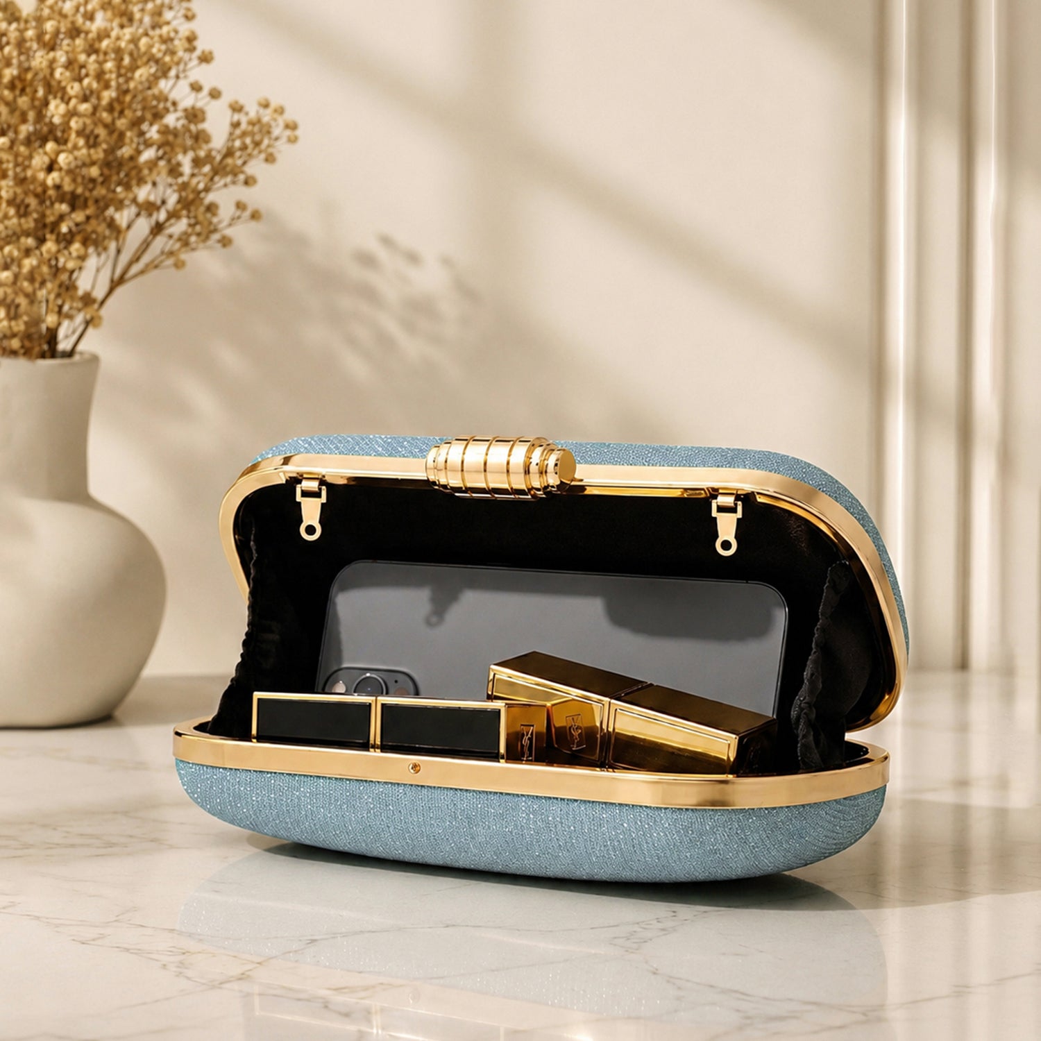 Artklim Sky Blue Shimmer Pearl Handle Embroidery Clutch
