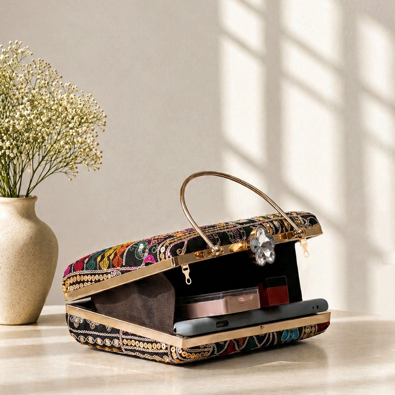 Artklim Black Multicolor Patchwork Designer Embroidery Clutch