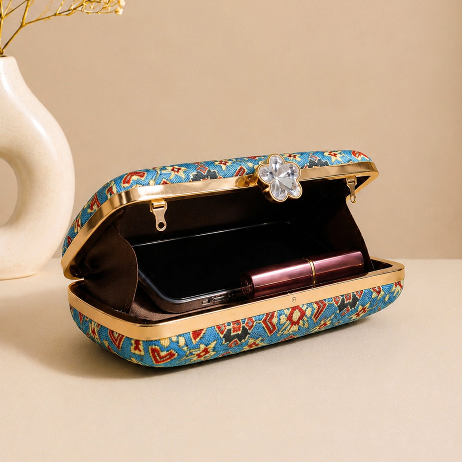 Artklim Blue Multicolor Ethnic Floral Geometric Pattern Printed Clutch
