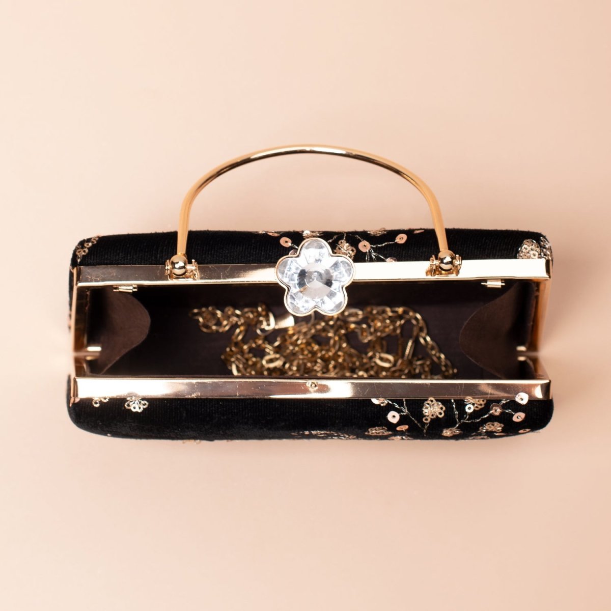 Artklim Black Base Floral Sequins Embroidery Ethnic Clutch
