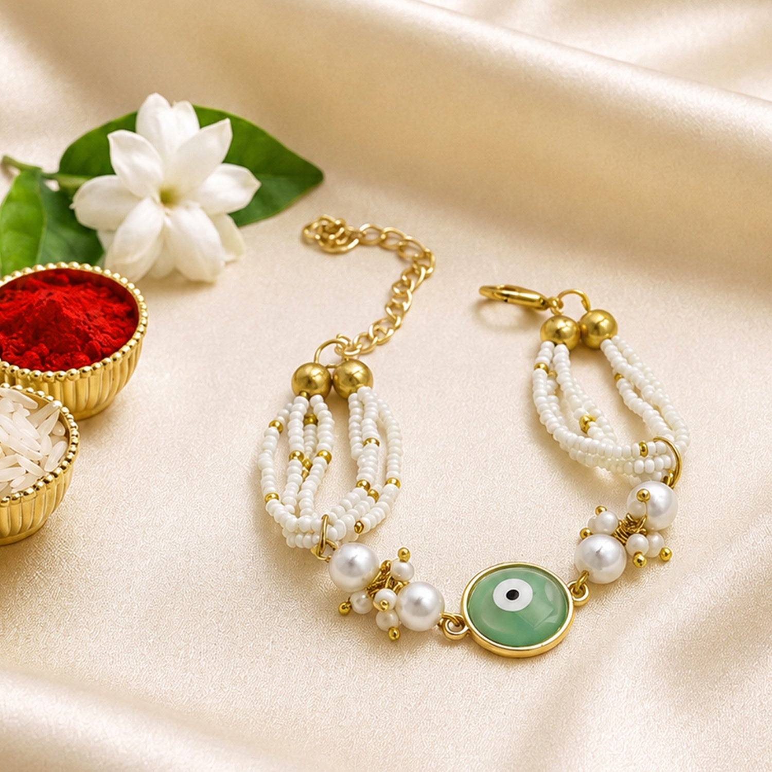 Artklim Mint Evil Eye Pearl Bhaiya Bhabhi Rakhi Set