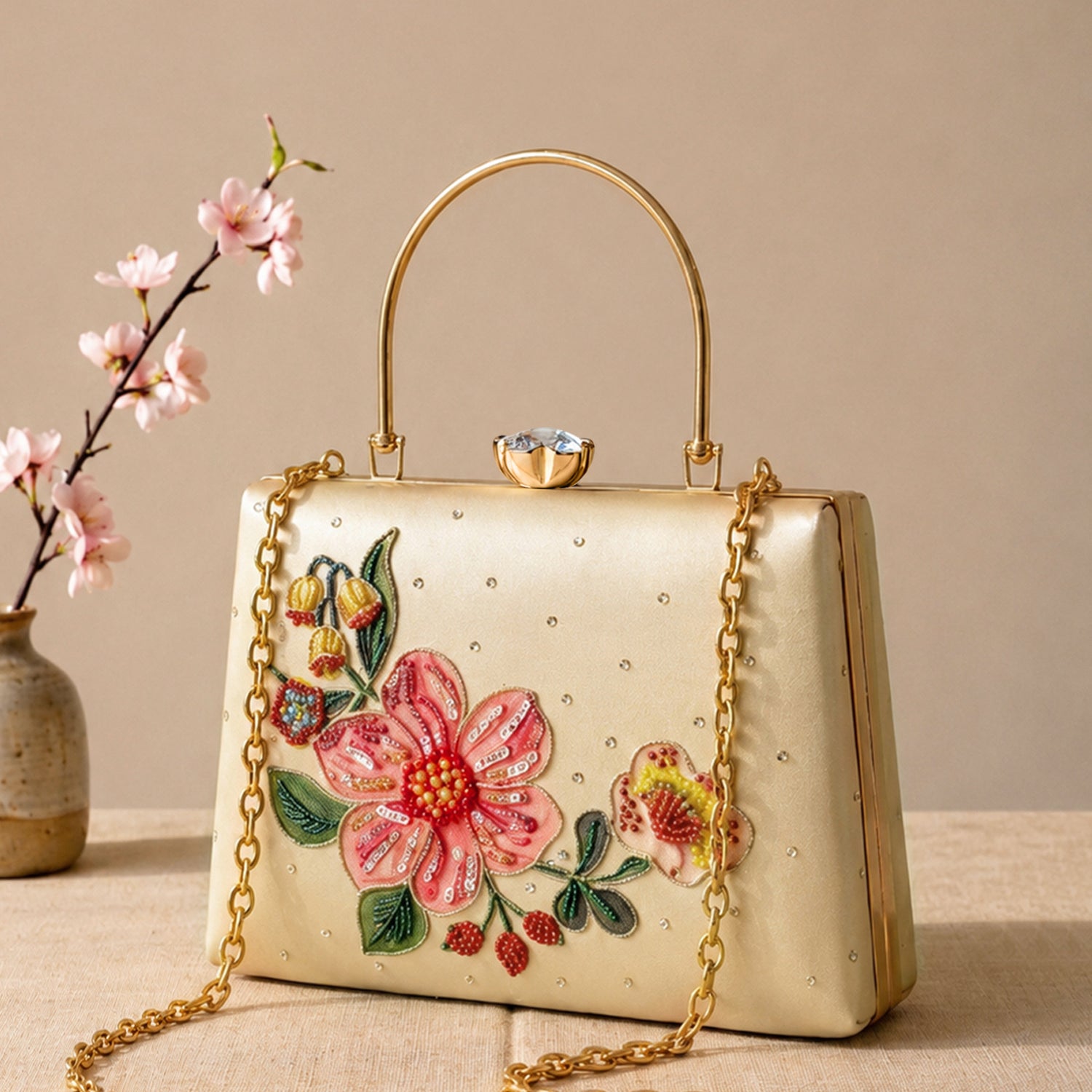 Artklim Printed Ivory Blossom Clutch with Hand Embroidery
