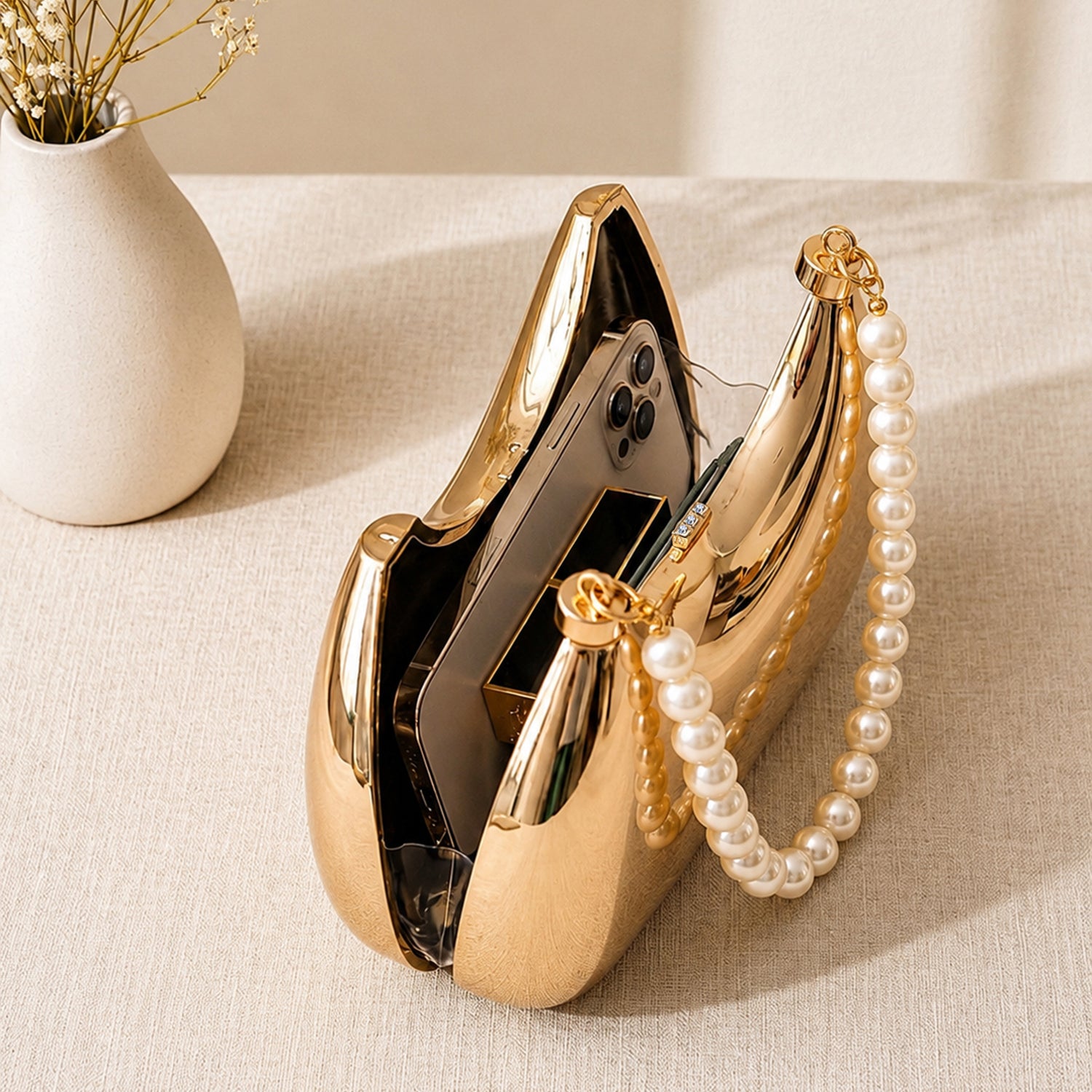 Artklim Gold Metallic Clutch Bag with Pearl Handle for Women