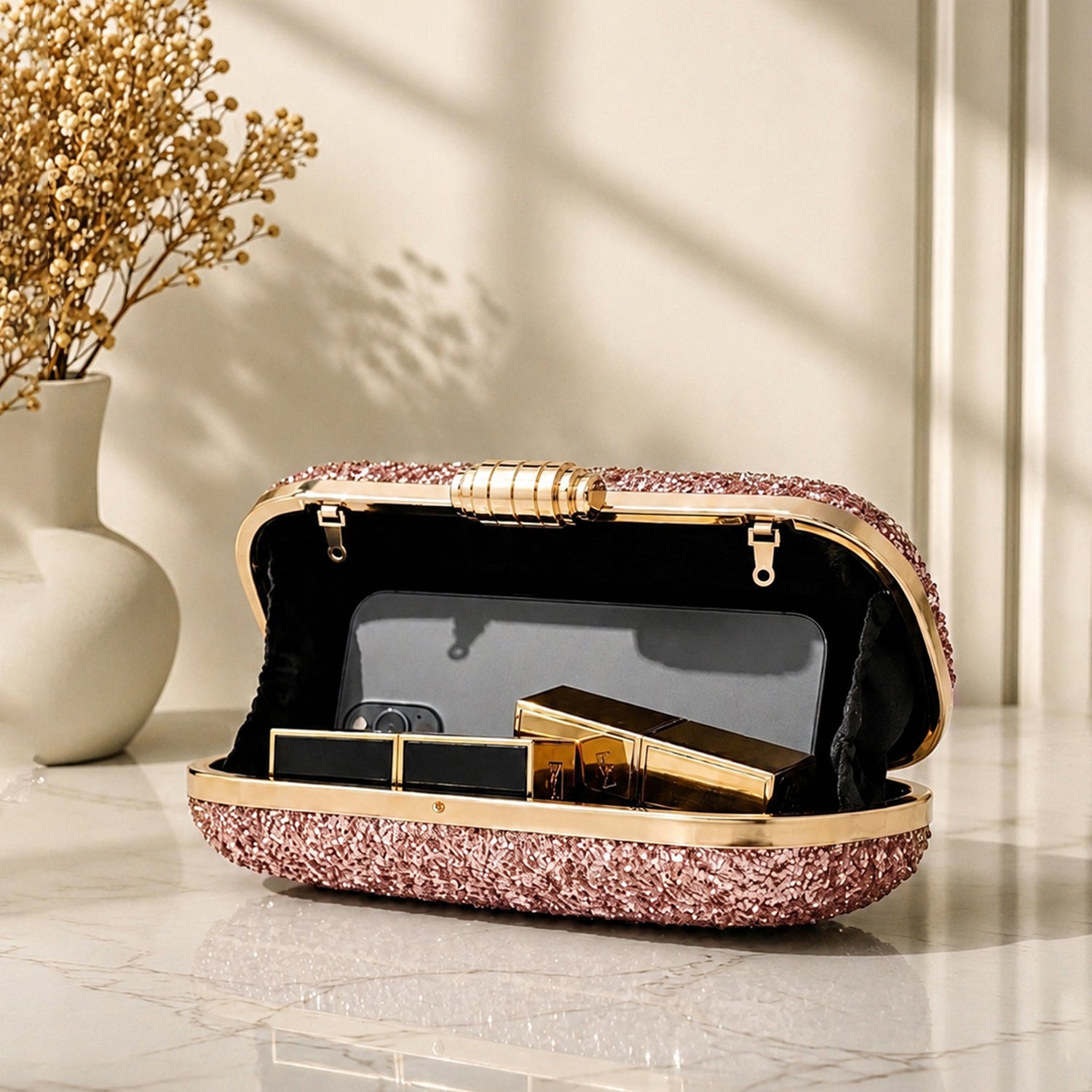 Artklim Rose Gold Glitter Luxury Wedding Embroidery Clutch