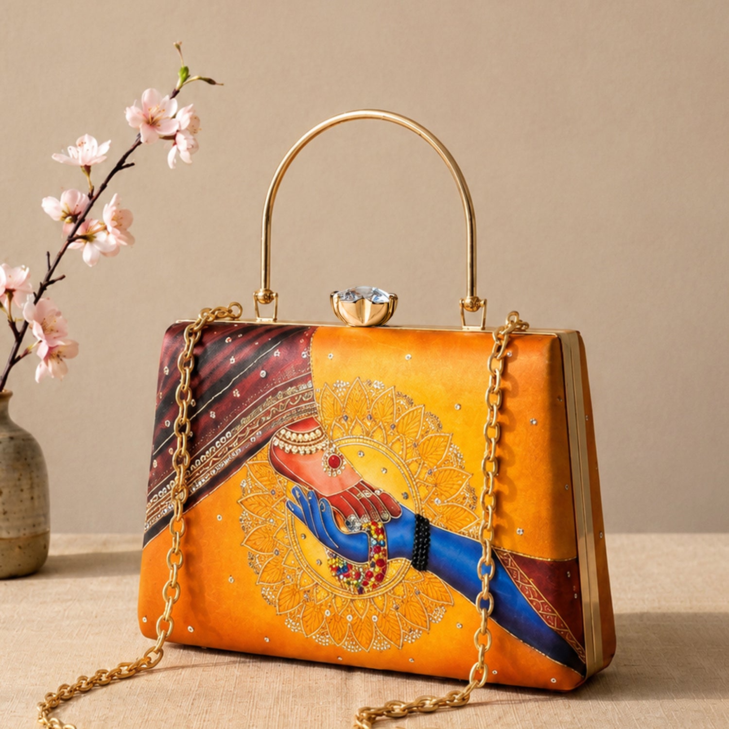 Artklim Printed Divine Hands Traditional Art Clutch with Hand Embroidery