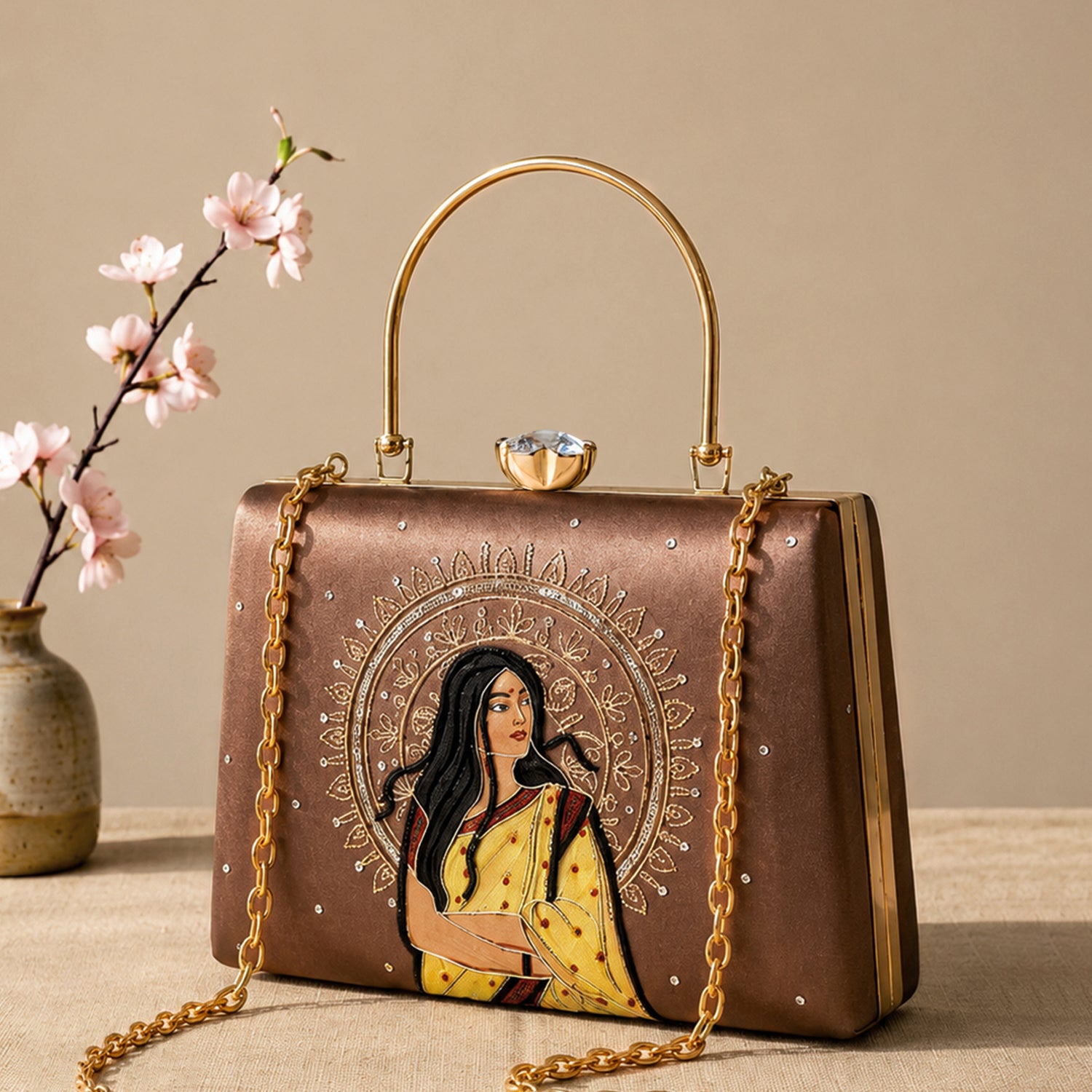 Artklim Printed Vintage Ethnic Woman Art Designer Clutch with Hand Embroidery