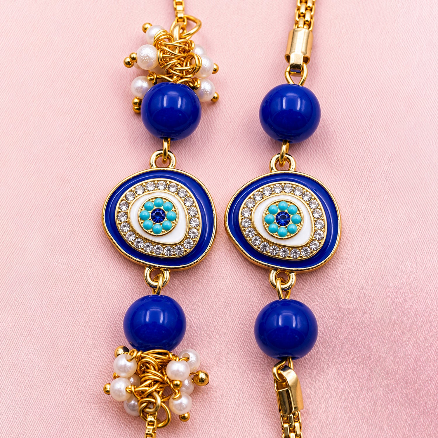 Artklim Blue Evil Eye Bhaiya Bhabhi Rakhi Set with Pearl Tassels
