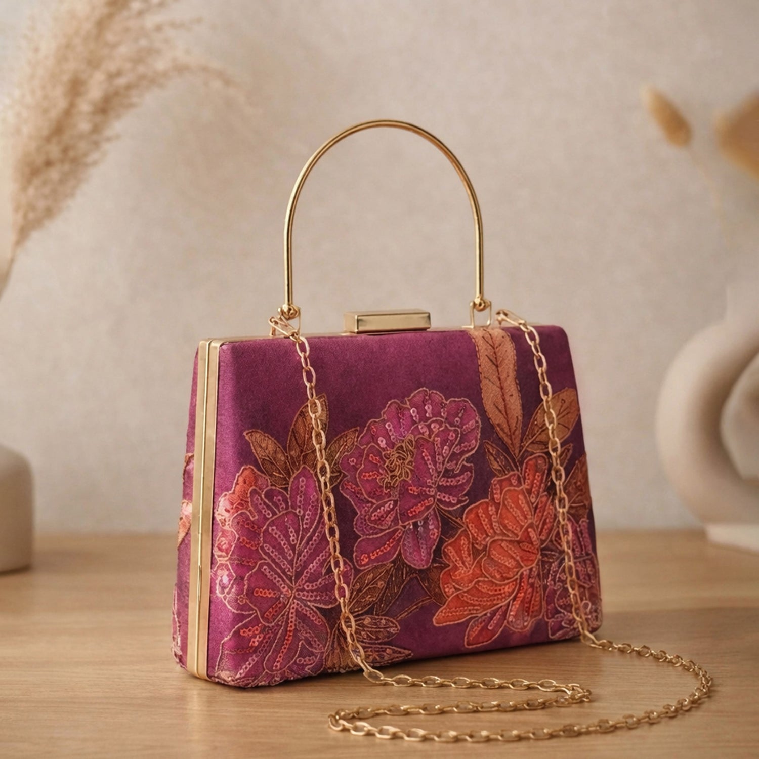 Artklim Printed Burgundy Floral Sequin Clutch with Hand Embroidery