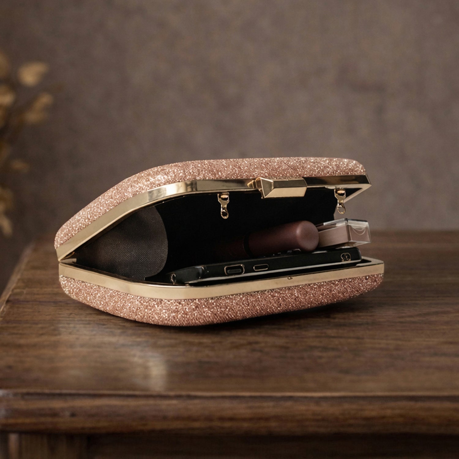 Artklim Rose Gold Glitter Embroidery Clutch