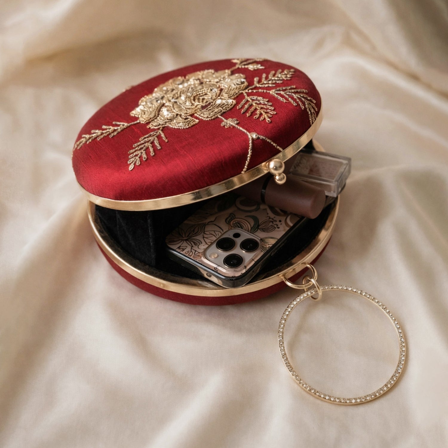 Artklim Red Floral Embroidered Round Clutch
